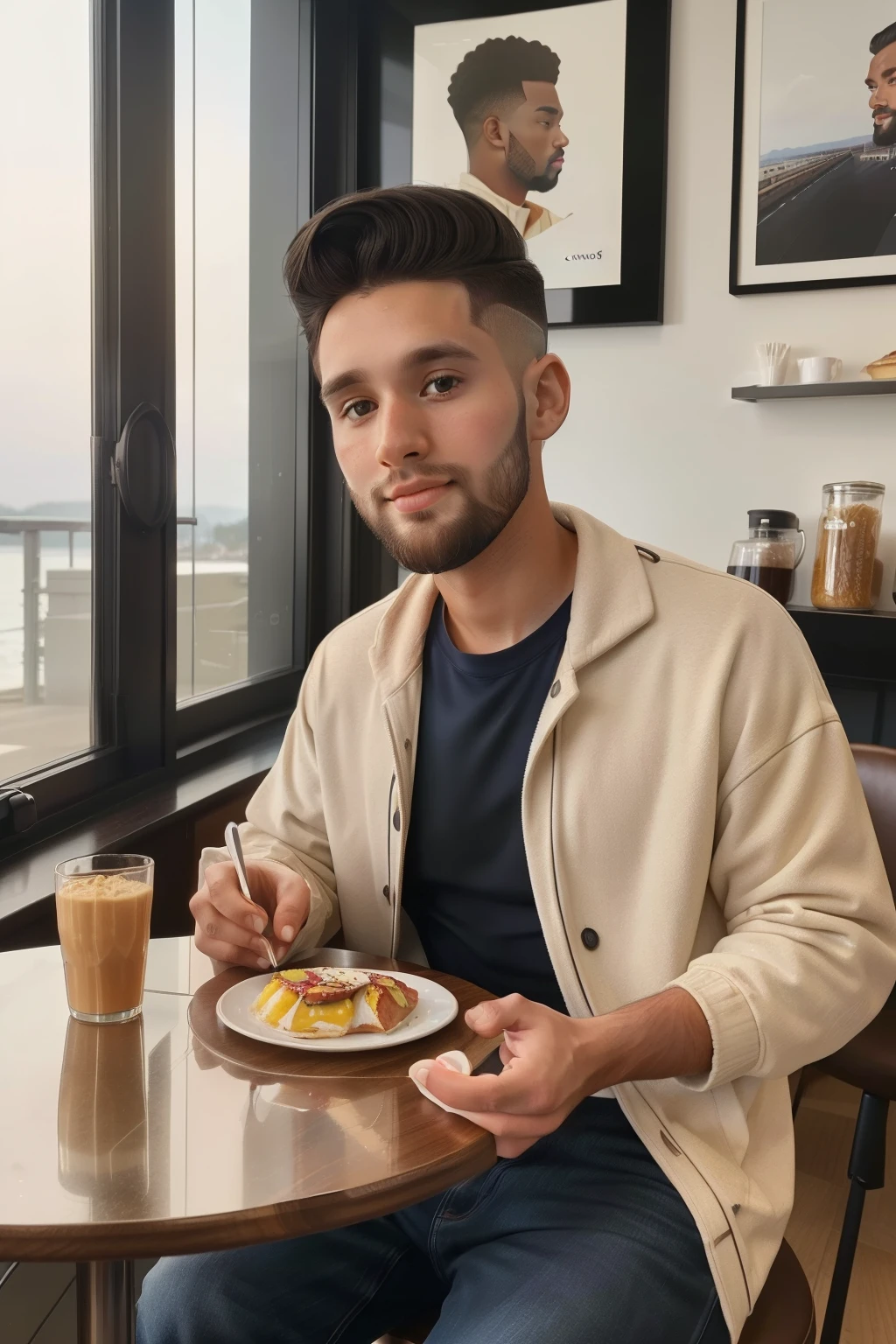 Sowell Bay, Washington, 2023. A young ((((30-year-old)) Cameron Cassmore)), in a cafe, eating breakfast, ((((clothings from the 2020s)))), ((hairstyle of the 2020s))