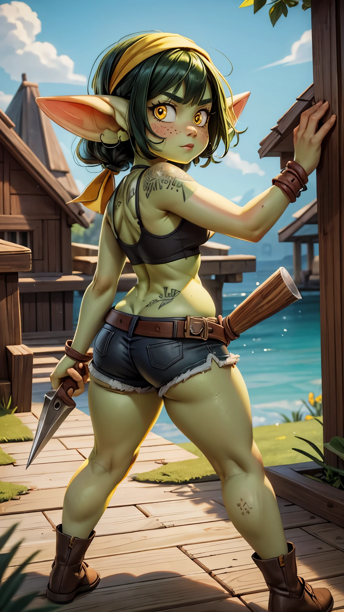 ((best quality)), ((masterpiece)), (detailed), 1 girl, 1girl, solo, 4k, short heavyset chubby green goblin girl wearing torn shorts and tank top yellow bandana leather toolbelt with a claw hammer hanging from it, black hair, green skin, yellow eyes, freckles, outdoors, dynamic pose, action shot, working hard, hammering nails into wooden beam, cinematic still