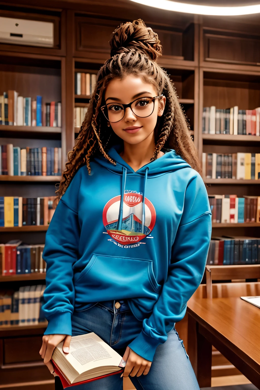 Descreva uma jovem branca ruiva mulher de aproximadamente 20 anos. Ela tem um corpo magro e pele clara e mede cerca de 1,65 de altura. Her hair is curly and long, she tied it in a bun.. Wear round glasses that complement your look. Your body expression conveys tranquility, e seu semblante reflete serenidade. He's wearing a blue sweatshirt, jeans and All Star sneakers. Holds books in left hand, imagem ULTRA HD 4K ambiente biblioteca ao fundo, olhando para frente rosto realista, extremos detalhes, nitides, extrema qualidade, pessoa realista, proxima da realidade, extremely detailed feature