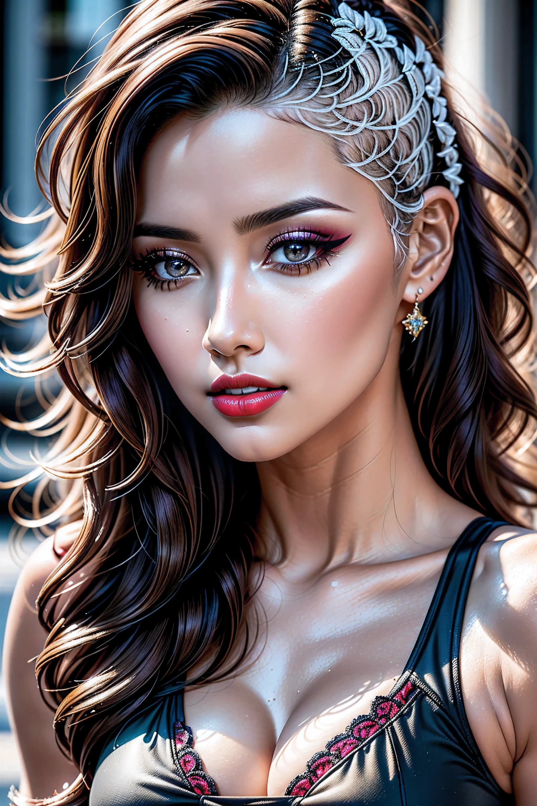 Divide Ratio : 1,1,1 Base Ratio: ((portrait)),perfect dynamic composition:1.2,beauty(mixed girl)(madison ivy:0.5)(jessica alba:0.3)(Ariana Grande:0.3) in ((Intricately detailed portrait)) of a((22-year-old))),((photorealistic)),((Hyper realistic)),((sharp focus)),((highest resolution)),(the most absurd quality),(masterpiece),((natural, soft lighting during the day)),fashion supermodel,((best high quality real texture skin)),(Highly quality texture hair),(curly hair((slicked to the two side))Intricately detailed:1.55),(perfect proportions),(anatomically correct),((perfect female body)),((firm normal breasts:1.2)),slim face,beautiful cheekbones,(Super beautiful face),(realistic face),(highly detailed face),absurd(ultra detailed eyes),(tired and sleepy and satisfied:0.0),(close up of a woman's eye with a digital rendering),(realistic eyes),perfect round eyes,finely detailed pupils,(brown_eyes:1.4),BREAK,detailed lips:1.3,pink_makeup:1.3,long_blue_eyeliner:1.1,(red_lipstick:1.25),perfect dark_eyeshadows:1.35,(close up of a woman's face:1.3)), with professional makeup,(Detailed nose),small head,full bodyesbian,dark shot:1.2,((Intricately detailed sports crop top:1.3)),look at the viewer,((city),walking),On the street,((upper body shot:1.3)),Hasselblad, 50mm f/2.2