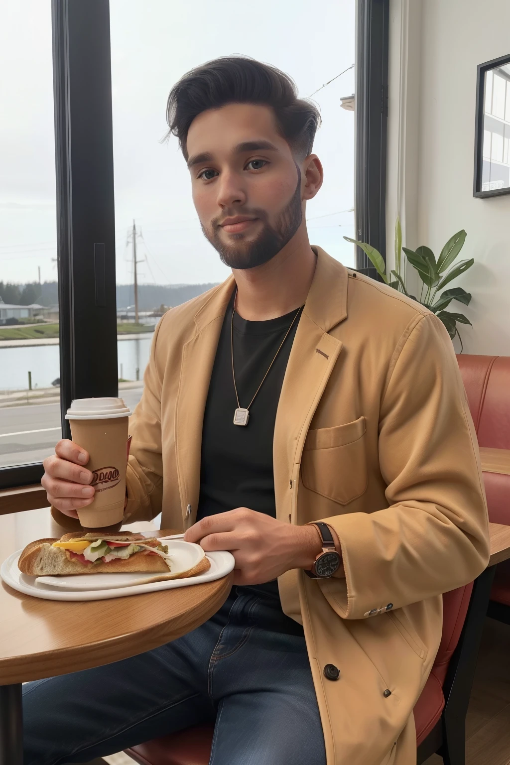 Sowell Bay, Washington, 2023. A young ((((30-year-old)) Cameron Cassmore)), in a cafe, eating a sandwich, ((((clothings from the 2020s)))), ((hairstyle of the 2020s))