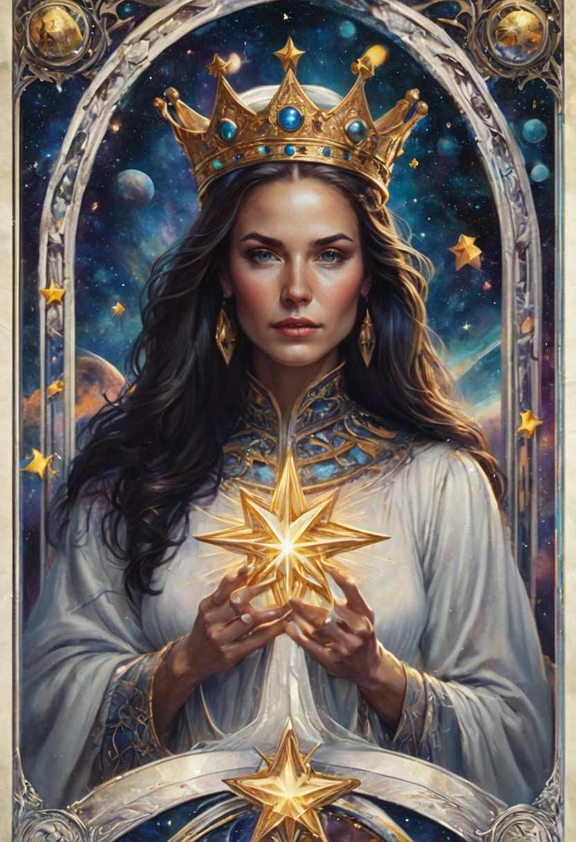 Tarot Card, border, The High Priestess, In the center of the card face sat a woman dressed in a white robe, wearing a dazzling star crown. She closed her eyes and pondered. A book was spread out in front of her, covered in ciphertext. In the background, there were two moons, one rising and the other falling, symbolizing her guardianship of undisclosed secrets and profound intuition, masterpiece, best quality, perfect composition, very aesthetic, absurdres, ultra-detailed, intricate details, Professional, official art, Representative work