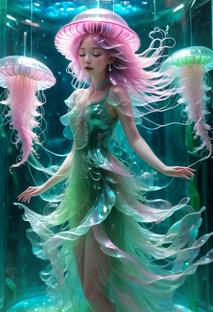 ((Gelatinous pink and green and crystal mixed -Jelly fish Dress)) worn by a beautiful Princess with silver glittery strands of hair, pastel blue-diamond layered gelatinous inside a glass room as she spreads her hands to galaxies around her she has a aura of ethereal blue light making the room glow softly