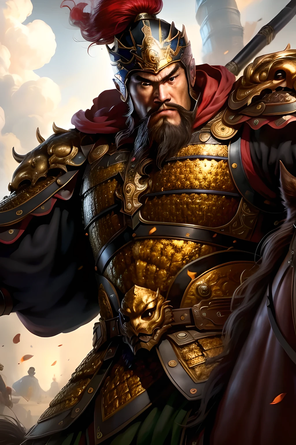 (4K,   best quality, High resolution:1.1), (masterpiece:1.1),   man, (Chinese male:1.2), youth, warrior, exquisite eyes,, Strong, brave, brave, powerful, Dear, disciplined, confident, looking at the audience,middle aged,beard,
Face, supportive, black helmet , armor, possess weapons, riding, horse,long weapon