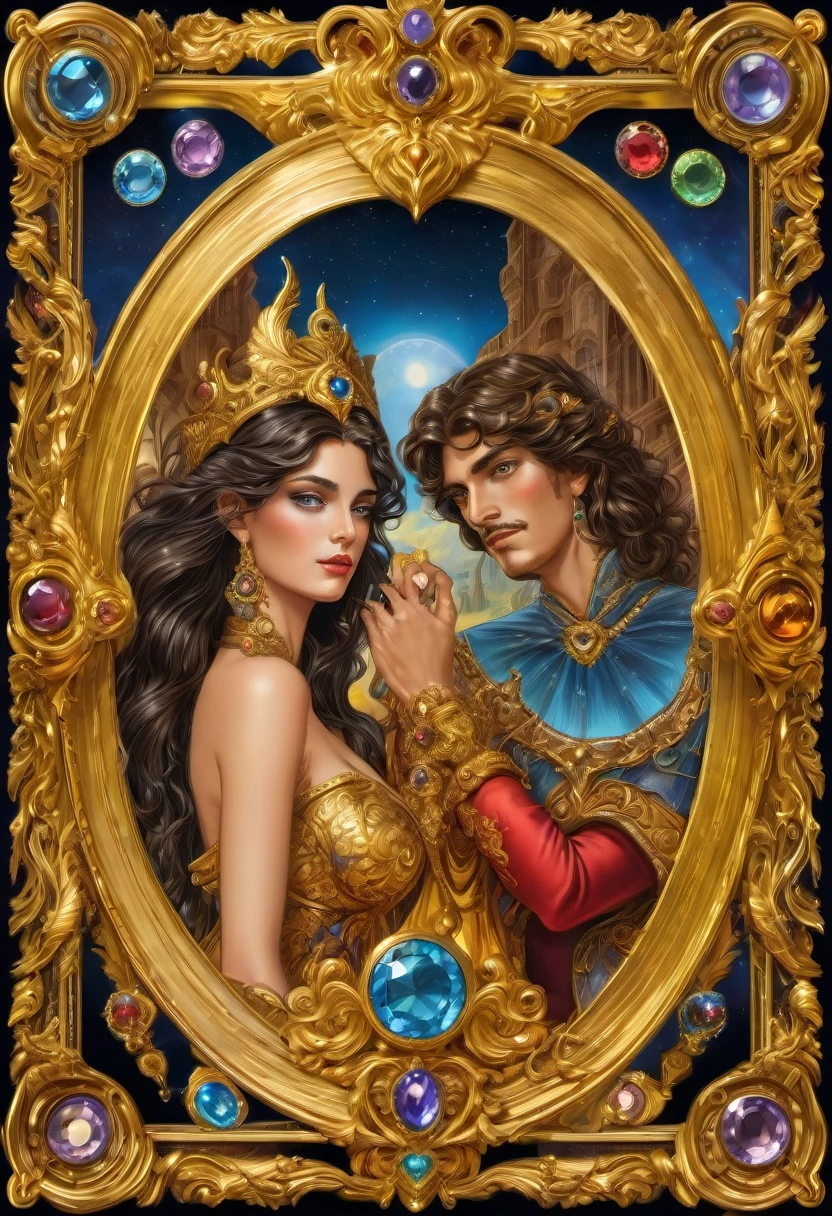 Tarot Cards, aesthetic, masterpiece, best quality, major arcana card, (lovers:1.5), tarot, in a gold card frame with precious stones, fantasy art, in the style of boris vallejo, beautiful, aesthetics, harmony, 1024k