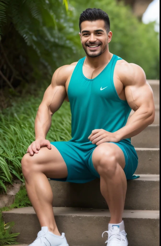 muscular physique、male、40s、Bearded、Shorts、erection