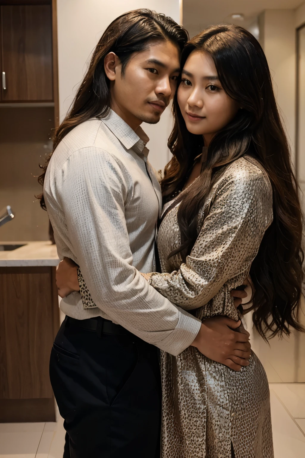 a handsome man 30 year old Indonesian man with long wavy hair . and a big Chinese girl hugging intimately, full view