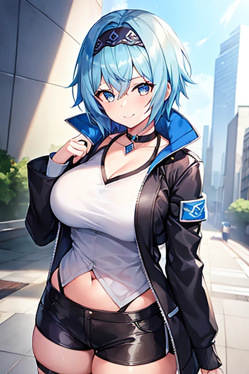 1girl, blue hair, very short hair, eula \(genshin impact\), black jacket, jacket, shirt, white shirt, black headband, headband, large breasts, breasts, thick thighs, hourglass figure, mature female, shorts, short pants, black shorts, urban, smile, normal clothes, simple clothes, happy, light smile, tall, tall female, city, cropped jacket, long shirt, ((cropped jacket)), cropped jacket