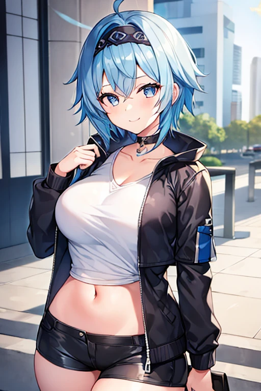1girl, blue hair, very short hair, eula \(genshin impact\), black jacket, jacket, shirt, white shirt, black headband, headband, large breasts, breasts, thick thighs, hourglass figure, mature female, shorts, short pants, black shorts, urban, smile, normal clothes, simple clothes, happy, light smile, tall, tall female, city, cropped jacket, long shirt, ((cropped jacket)), cropped jacket