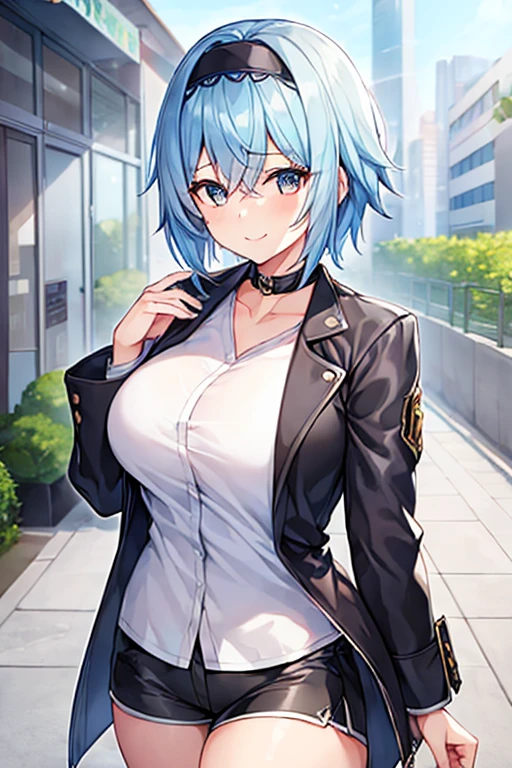 1girl, blue hair, very short hair, eula \(genshin impact\), black jacket, jacket, shirt, white shirt, black headband, headband, large breasts, breasts, thick thighs, hourglass figure, mature female, shorts, short pants, black shorts, urban, smile, normal clothes, simple clothes, happy, light smile, tall, tall female, city, cropped jacket, long shirt, ((cropped jacket)), cropped jacket