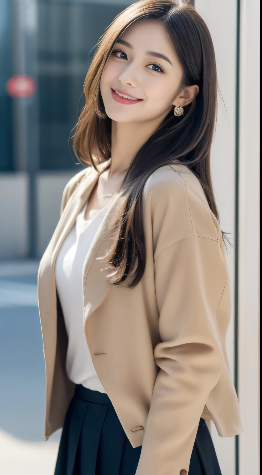 (((32K,very high res, high detailing, highly accurate,Masterpiece Girl 1))),Raw photo & realistic atmosphere,beautiful dark blue eyes,Detailed mouth,Glossy lips,Detailed eyebrows,Soft white skin that shines with every detail,,Eyes drawn in detail、Very beautiful eyes with azure eyes,Detailed lips、Very beautiful face,Very well-formed face、Lifelike face,shiny beautiful lips,Beautiful eyebrows,Infinite reality,Best design,(Insanely cute sober and modest Japan 22-year-old girl,,Toned body,thighs thighs thighs thighs,Slender legs,Beautifully shaped breasts,Very cute beautiful girl, Girl:1.5),Best Natural Makeup,Japanese ido,Korean Idols,Young Idols,Moist eyes,Dark beautiful eyes,Beautiful butt,beauty legs,,camel's foot,:1.3),超A high resolution、,Natural and realistic face,Back lighting,Pure eyes are too cute,(((photorealisim,Photograph the whole body))),,Reality Live Action,( earrings,Necklace Arm,Watches,Glossy nail art,Girlish clothes,Clothing with a dark color design image,Dress up your jacket elegantly and cutely,Blouse,beautiful skirt,Modest and beautiful fashionable fashion,Heel Shoes,Perm Medium Hair,solo, Kool,Smile faintly,glares,full body Esbian:1.7),(Show full-body fashion:1.8)