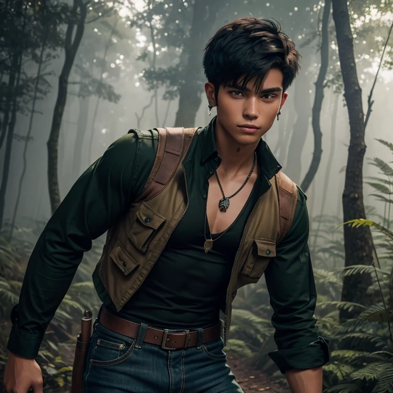 20-year-old man with brown military vest blue shirt ripped black pants Native American light-skinned green eyes fang necklace black jeans short red hair looking straight at the viewer in a foggy forest background