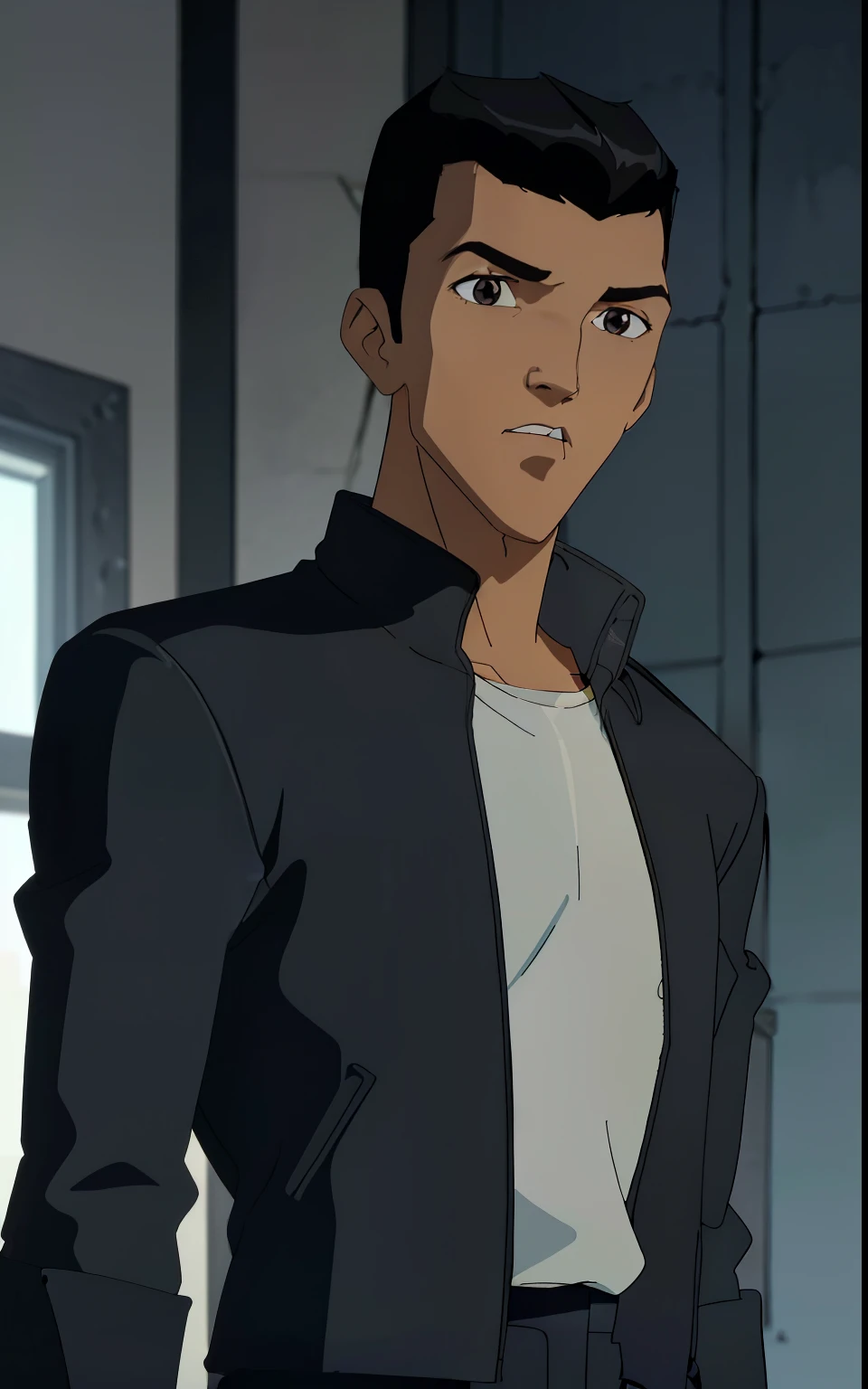 ((QuarryRyan: 1.0)), 1boy, solo, black hair, brown eyes, dark skin, black leather jacket, white shirt, warehouse, blurry background,((upper body: 1.0)), looking at viewer, (insanely detailed, beautiful detailed face,beautiful detailed eyes, masterpiece, best quality), anime screencap, 1990s_\(style\),solo, jeffmatsuda,