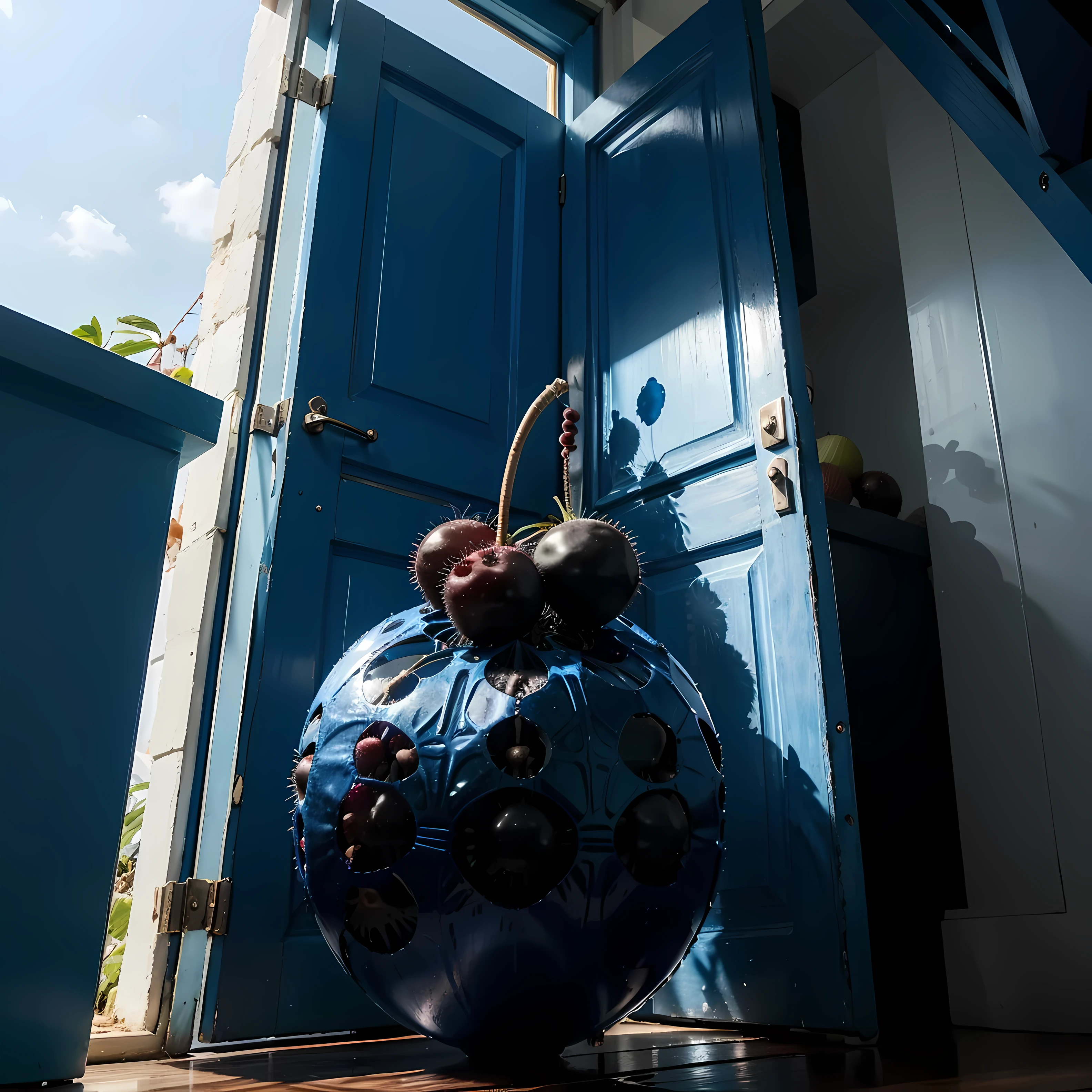 The fruit looks like a fruit. The blue color has a warp door light that is black, contrasting with blue and sky blue and looks similar to rambutan and durian. The color has a lot of aura. It is blue and beautiful with high contrast.