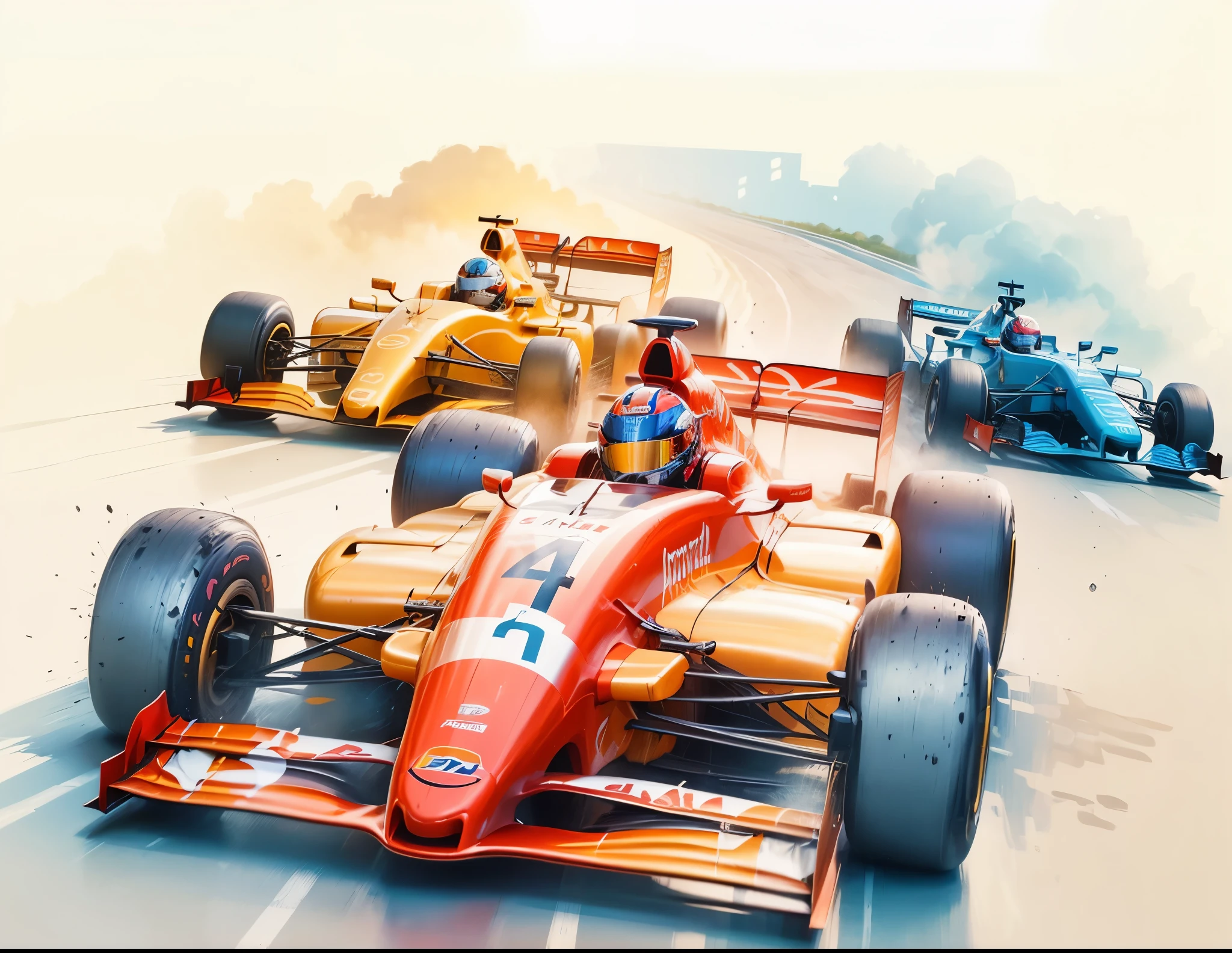 three formula 1 cars, hiper realista, pintura digital