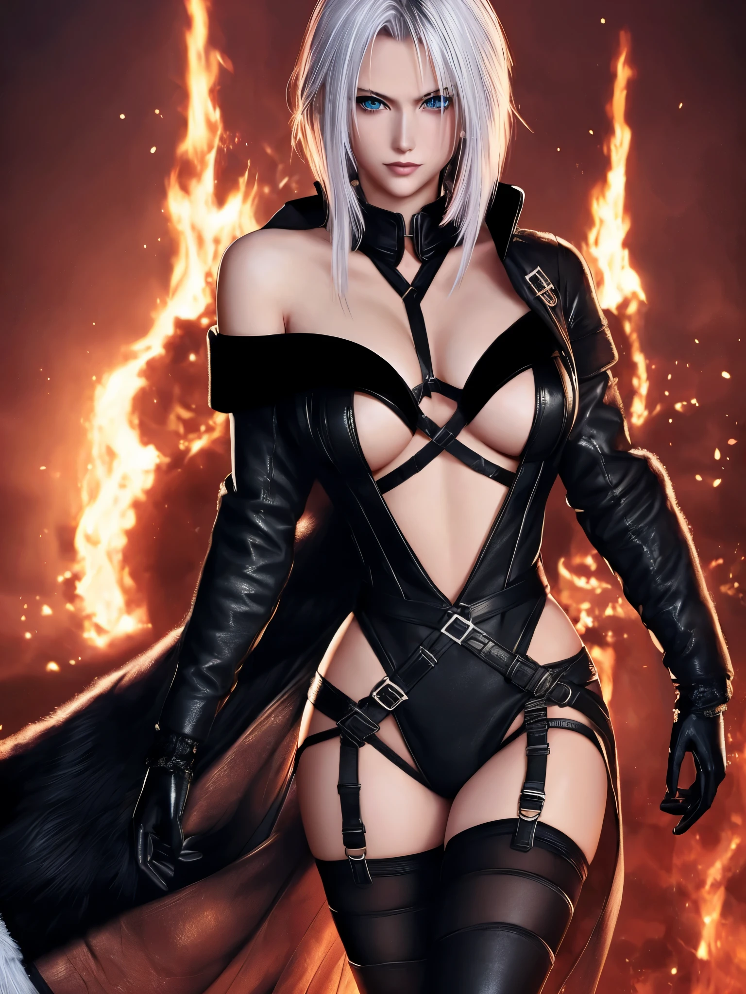 1girl,asymmetrical hair,bare shoulders,black eyes,black gloves,black hair,black leotard,black thighhighs,breasts,bubble,coat,detached collar,fur-trimmed coat,fur trim,glint,gloves,groin,hair between eyes,hip focus,lace trim,large breasts,leotard,lingerie,looking at viewer,multicolored hair,off shoulder,parted lips,red eyes,short hair,solo,symbol-shaped pupils,thighhighs,thighs,two-tone hair,underwear,white hair,x-shaped pupils