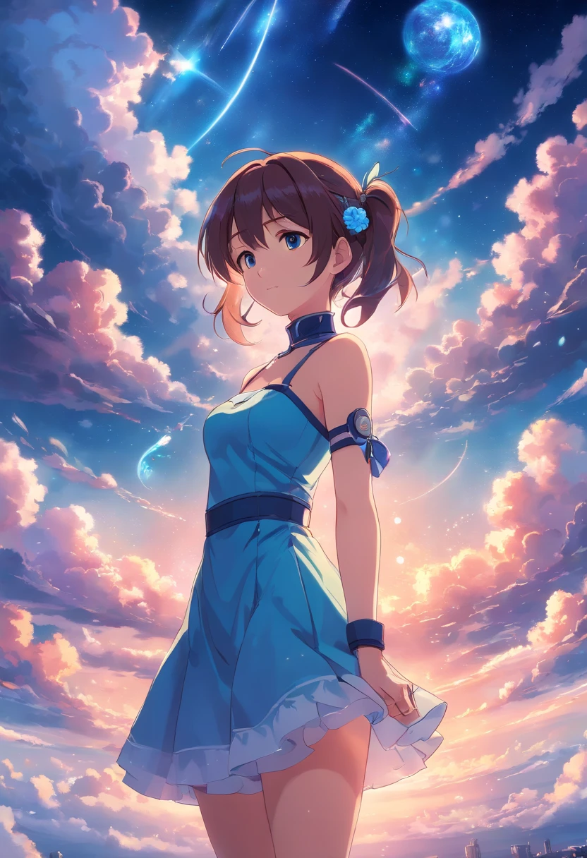 ((In front a Dreamy, bubbly clouds and luminating futuristic night sky)) A girl stands ((full body)) luminescent beauty, long spiralling blue twin ponytails on each side of head. Wears a pink strapless dress with bubble double layered Skirt, and frilly short gloves and matching chocker. White and blue rose accessory in hairstyle