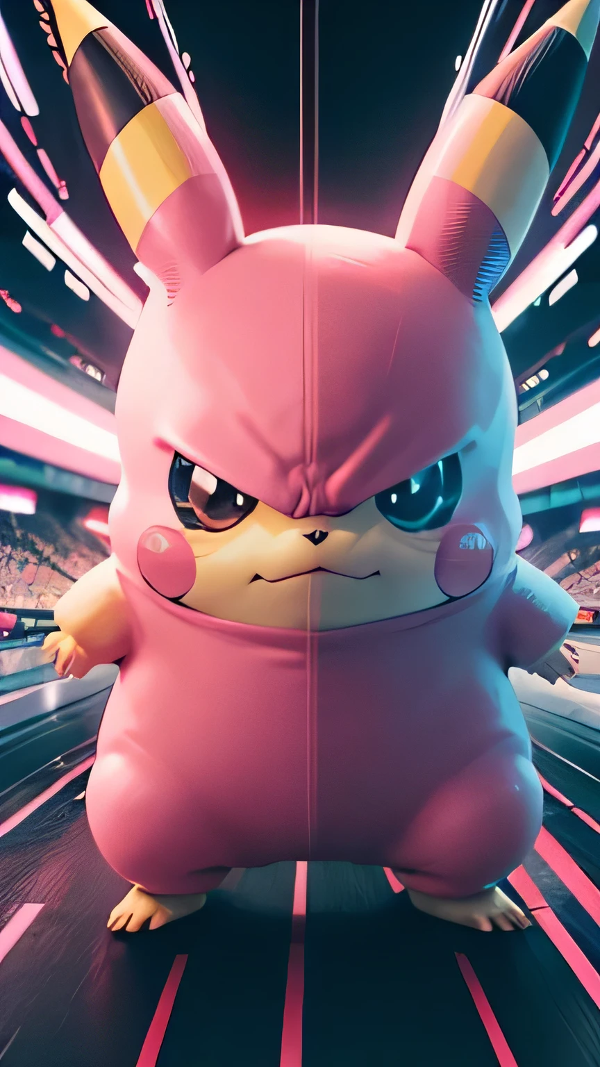 Pokémon、Pink Pikachu、reality、cyber punk、angry face、whole body、Background: Cyber City