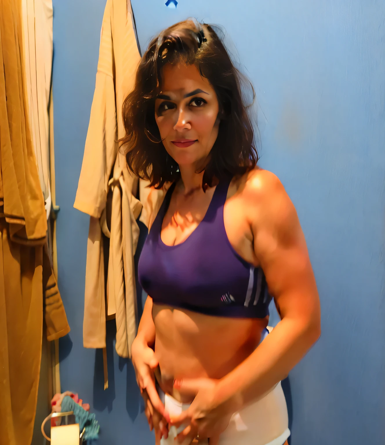 there is a woman in a purple blouse and white shorts, tight photo, woman in her 40s, sweating, belly button exposed, sports bra and dark blue shorts, profile image, she is around 40 years old, she is around 40 years old. She is 155 cm tall and around 40 years old. A woman with tanned white skin and dark hair. She is around 40 years old. She has slightly full lips and dark brown eyes. Perfect body, slim body, slim waist. tanned skin, soft lips, red lipstick, a feeling of lightness and joy, hyperrealism, very elaborate skin. Fitness woman, fit woman, physically fit woman, full body photo, clear photo, high quality, high resolution, masterpiece, 8K.