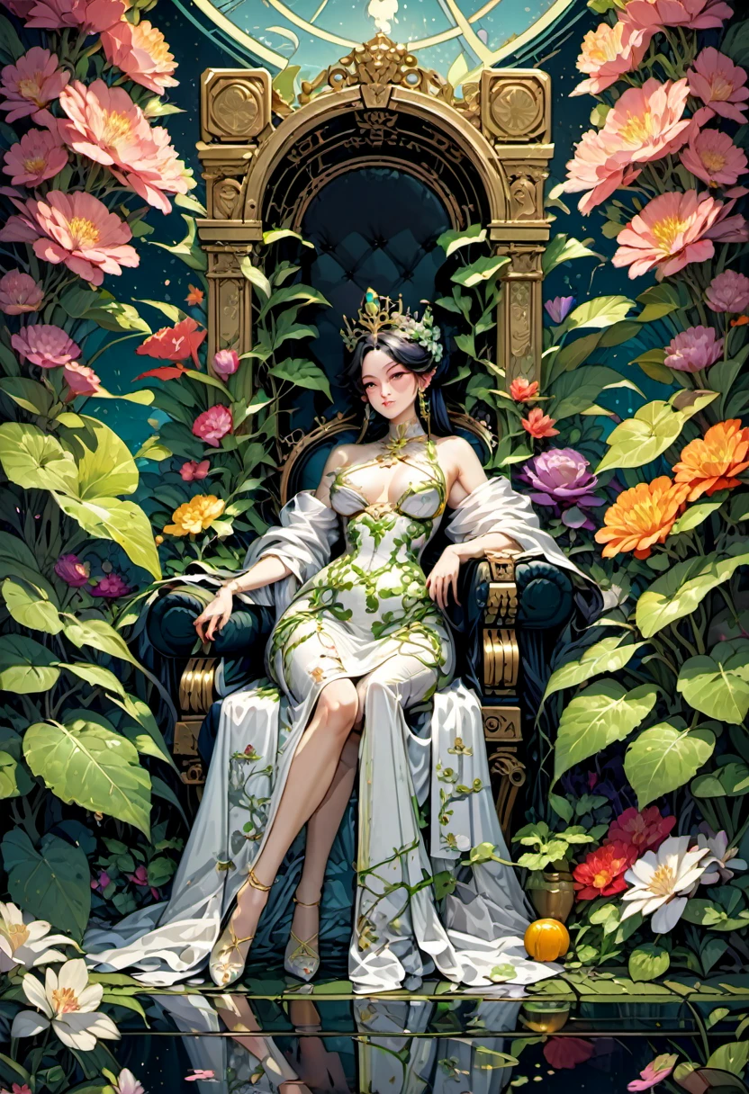 Tarot Card, border, The Empress, A dignified and luxurious lady, her throne is composed of lush vines, surrounded by abundant crops and blooming flowers, reflecting the richness and creativity of life, implying that she is the embodiment of the vitality nurtured by nature, masterpiece, best quality, perfect composition, very aesthetic, absurdres, ultra-detailed, intricate details, Professional, official art, Representative work