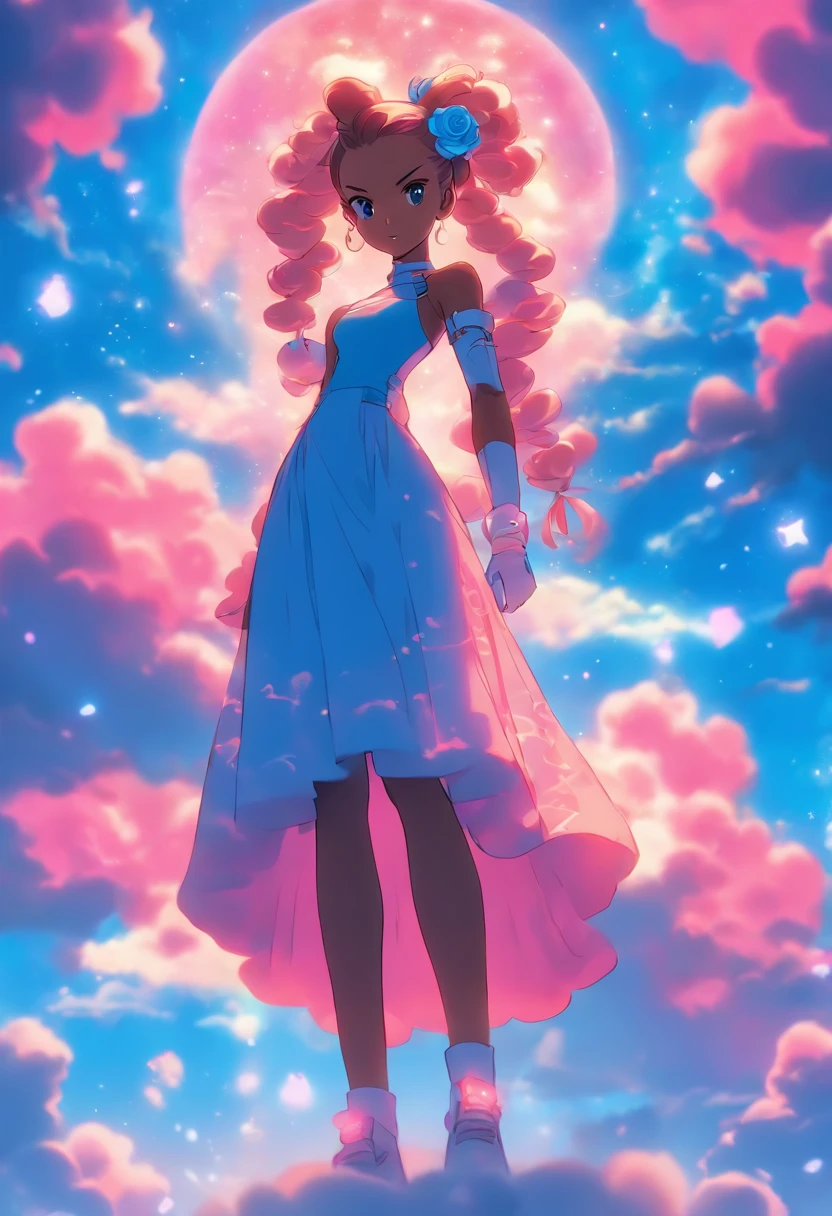 ((In front a Dreamy, bubbly clouds and luminating futuristic night sky)) A girl stands ((full body)) luminescent beauty, long spiralling blue twin ponytails on each side of head. Wears a pink strapless dress with bubble double layered Skirt, and frilly short gloves and matching chocker. White and blue rose accessory in hairstyle