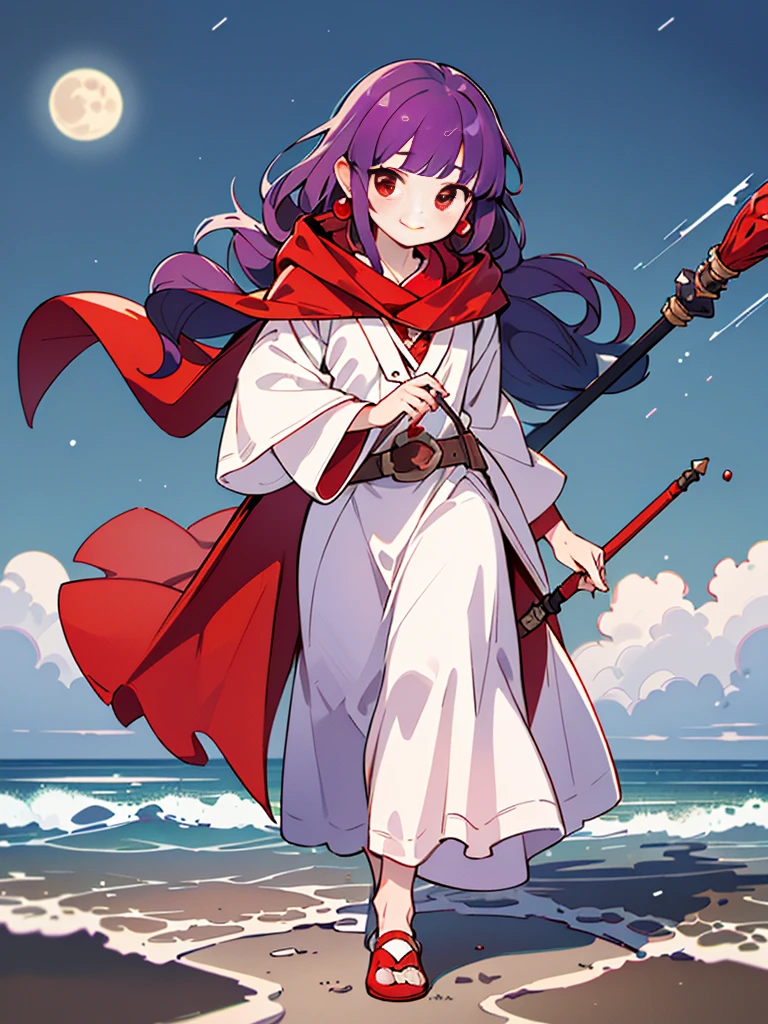 ((((DQ2 Princess Moonberg)))), ((1)), alone, , (((dark purple hair))), ((dull bangs)), (fluffy long hair), (deep red eyes), ((((red hood)))), (Roto emblem on the hood), (((purple red stole))), pearl earrings, (((White robe with red edging))), ((droopy eyes)), Holding a magic wand in his left hand,
((seaside)), Crescent Moon, Healing Magic, ruined castle,
photo-realistic, sense of depth, Unorganized solutions, High resolution, 8K, 4k, be familiar with, highest quality, (Raw photo, highest quality, master:1.2), (realistic, Photoreal:1.37), ultra-be familiar withliert,
smile, look at the camera, The whole face turns red, (walk), angle from behind, full body shot,