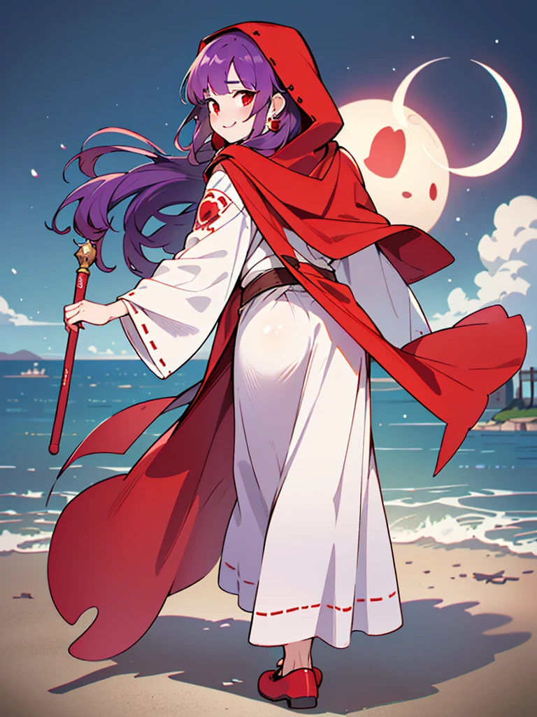 ((((DQ2 Princess Moonberg)))), ((1)), alone, , (((dark purple hair))), ((dull bangs)), (fluffy long hair), (deep red eyes), ((((red hood)))), (Roto emblem on the hood), (((purple red stole))), pearl earrings, (((White robe with red edging))), ((droopy eyes)), Holding a magic wand in his left hand,
((seaside)), Crescent Moon, Healing Magic, ruined castle,
photo-realistic, sense of depth, Unorganized solutions, High resolution, 8K, 4k, be familiar with, highest quality, (Raw photo, highest quality, master:1.2), (realistic, Photoreal:1.37), ultra-be familiar withliert,
smile, look at the camera, The whole face turns red, (walk), angle from behind, full body shot,