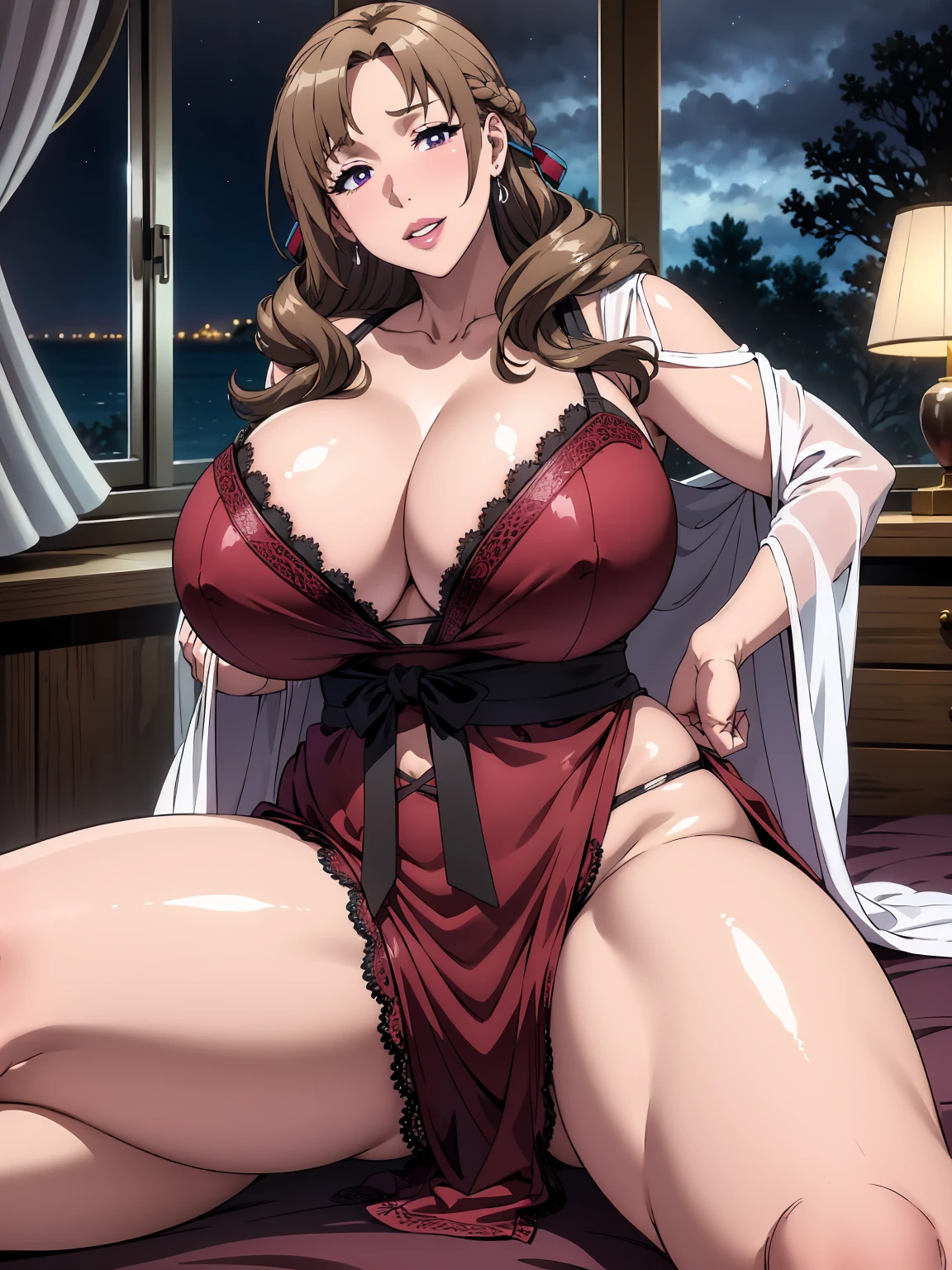 dutch angle, from below, masterpiece:1.2, (best quality), (real picture, intricate details, depth of field), on back, spread legs , mamako_oosuki,mature female, 40-year-old mature woman, ((huge natural breasts)), narrow waist,(sagging breasts), long hair,brown hair,purple eyes, puffy lips, thick lips , painted lips, cleavage ,wide hips, ((huge thighs)), Seductive smile, parted lips, head tilt, hand on own chest, night gown, see-through, panties, lace, earrings, bedroom, pillows, curtains, window, night, dark background, moody lighting,