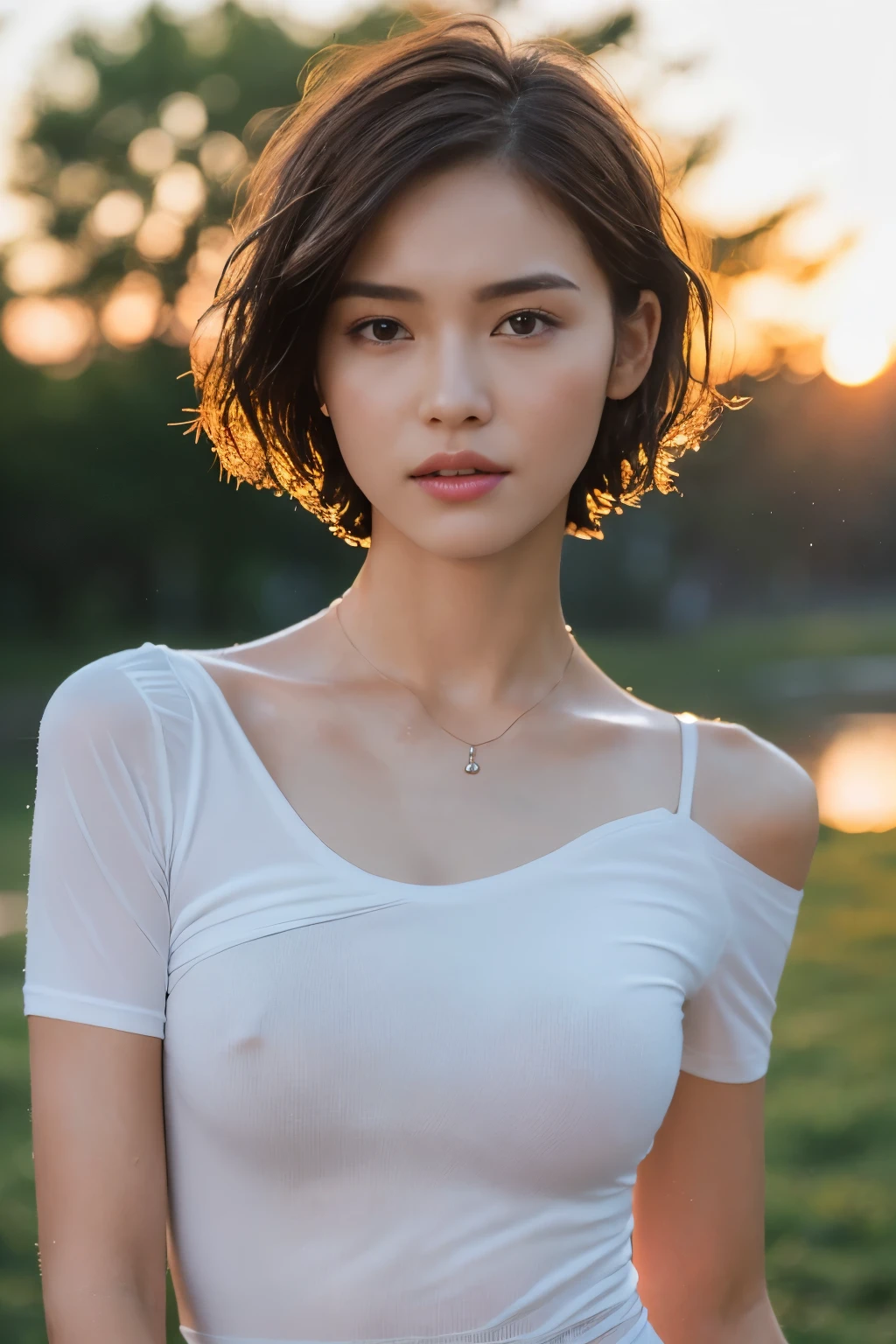 ((top-quality、8K、masterpiece: 1.erfect Body Beauty: 1.4、Slender Abs: 1.2、Beautiful woman with slender abs:1.3、(Highlight Haircutreast B Cup:1.2), medium breast, round shape breast, perfect shape breast, ((( wear wet T-shirt, wide neck))) (((black strap on shoulder))), pubic hair,hight pubic bone, necklace, hyperdetailed face、18year old、 Pretty women、(Dark brown short-cut hair), Slim Face、Highly detailed and skin texture、very detailed lips、opens legs、top-quality、masterpiece、超A high resolution、(Photorealsitic:1.4), walked forward confidently, long shot , (outdoor), bright background, sunset light,