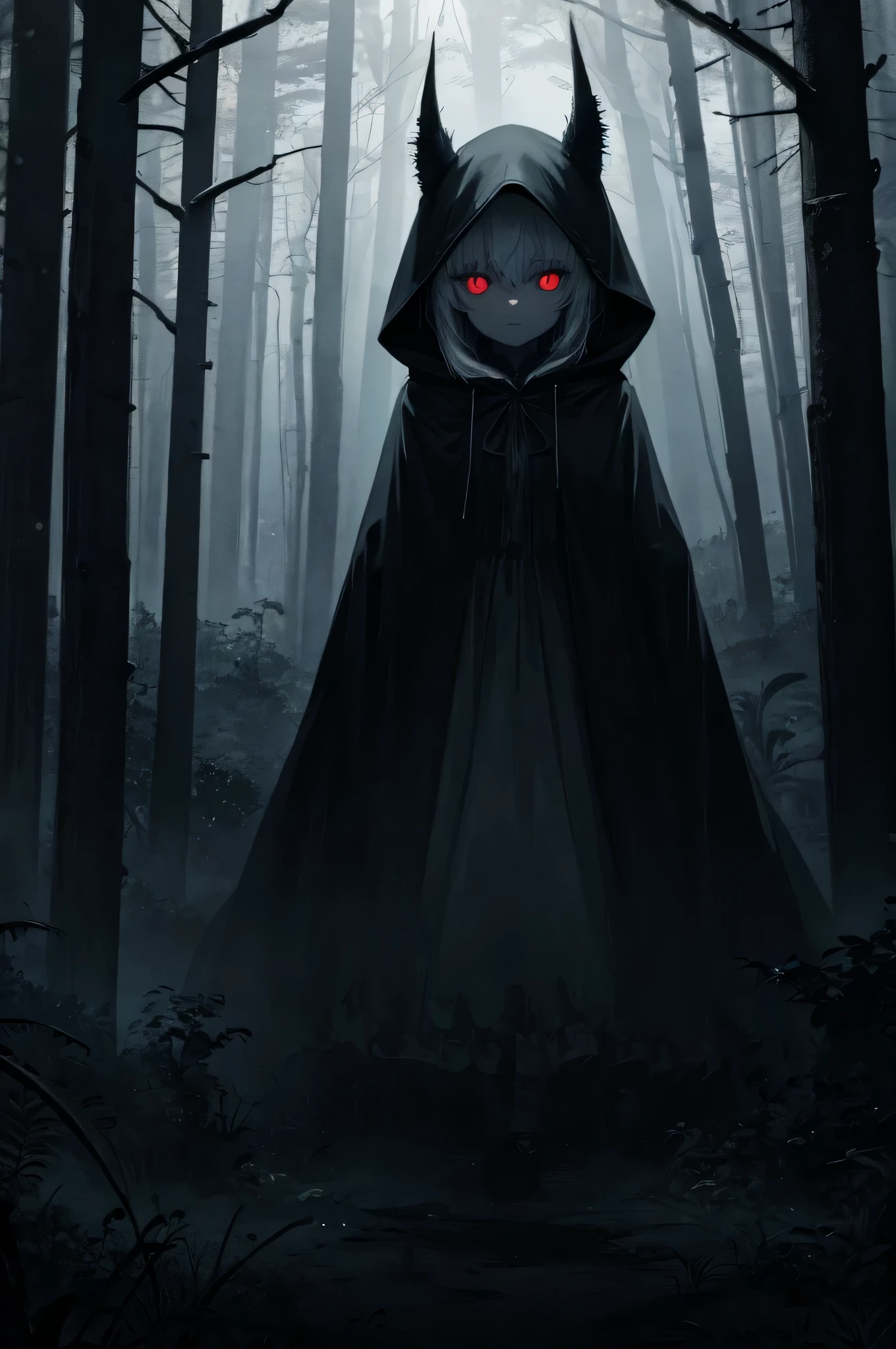 (best quality,4k,highres:1.2),dark,creepy,hooded girl in a night forest,only her glowing red eyes,menacing atmosphere,mysterious shadows,ominous trees,haunting beauty,foreboding ambience,surreal,horror,nightmare,darkness,macabre,foggy,spooky,cloaked figure,mystical,whispering leaves,mysterious aura,pale moonlight,enchanted forest,sinister presence,silent footsteps,wisps of mist,everlasting darkness,dreadful enchantment,suspenseful,direful,scary vibes,ghostly glow,secluded,enchanted darkness,uncanny,hauntingly beautiful.