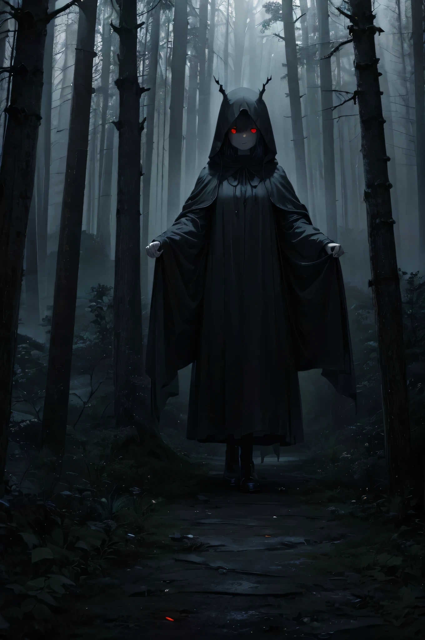 (best quality,4k,highres:1.2),dark,creepy,hooded girl in a night forest,only her glowing red eyes,menacing atmosphere,mysterious shadows,ominous trees,haunting beauty,foreboding ambience,surreal,horror,nightmare,darkness,macabre,foggy,spooky,cloaked figure,mystical,whispering leaves,mysterious aura,pale moonlight,enchanted forest,sinister presence,silent footsteps,wisps of mist,everlasting darkness,dreadful enchantment,suspenseful,direful,scary vibes,ghostly glow,secluded,enchanted darkness,uncanny,hauntingly beautiful.
