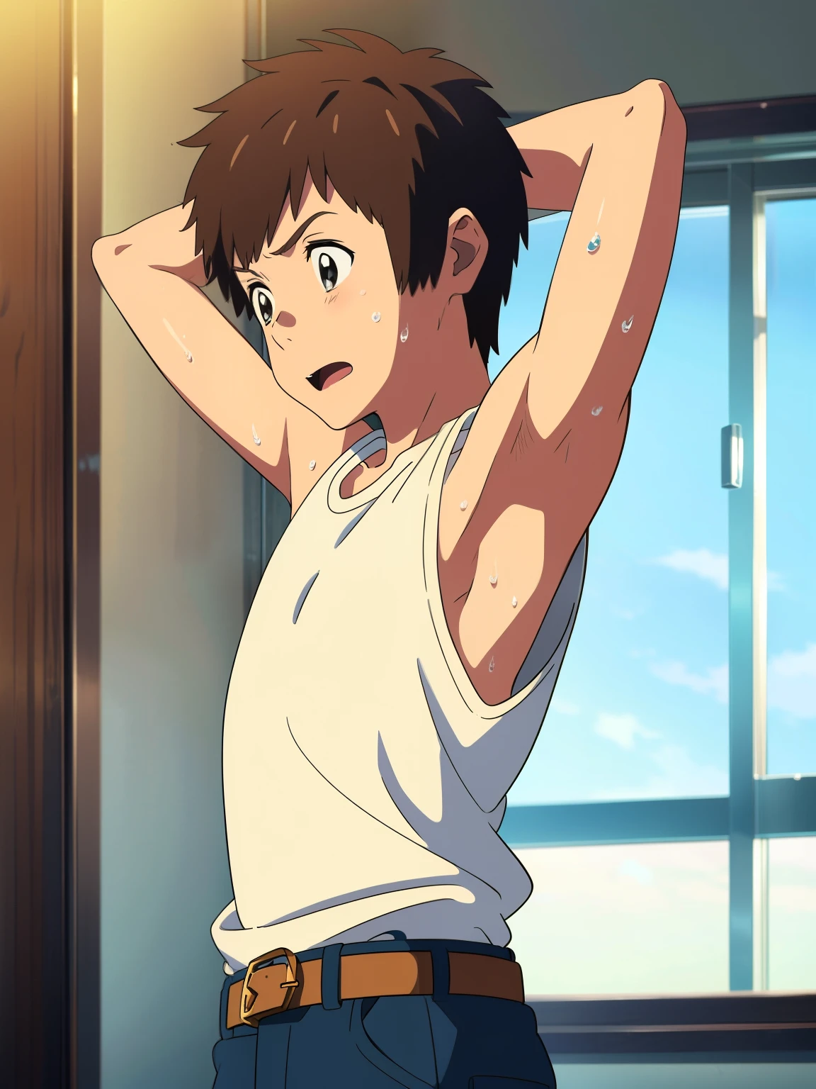 highres,Masterpiece， Best quality at best,Best Quality,hight quality, hight detailed, realistic, , Anime style, 1boy, ****** Boy, Shota, indoor, Cheerful boy, Sleeveless shirt,Taki tachibana, Brown hair, Blue eye, Slim body Short body, Body, (Armpit), Belt, Sweat, boy focus