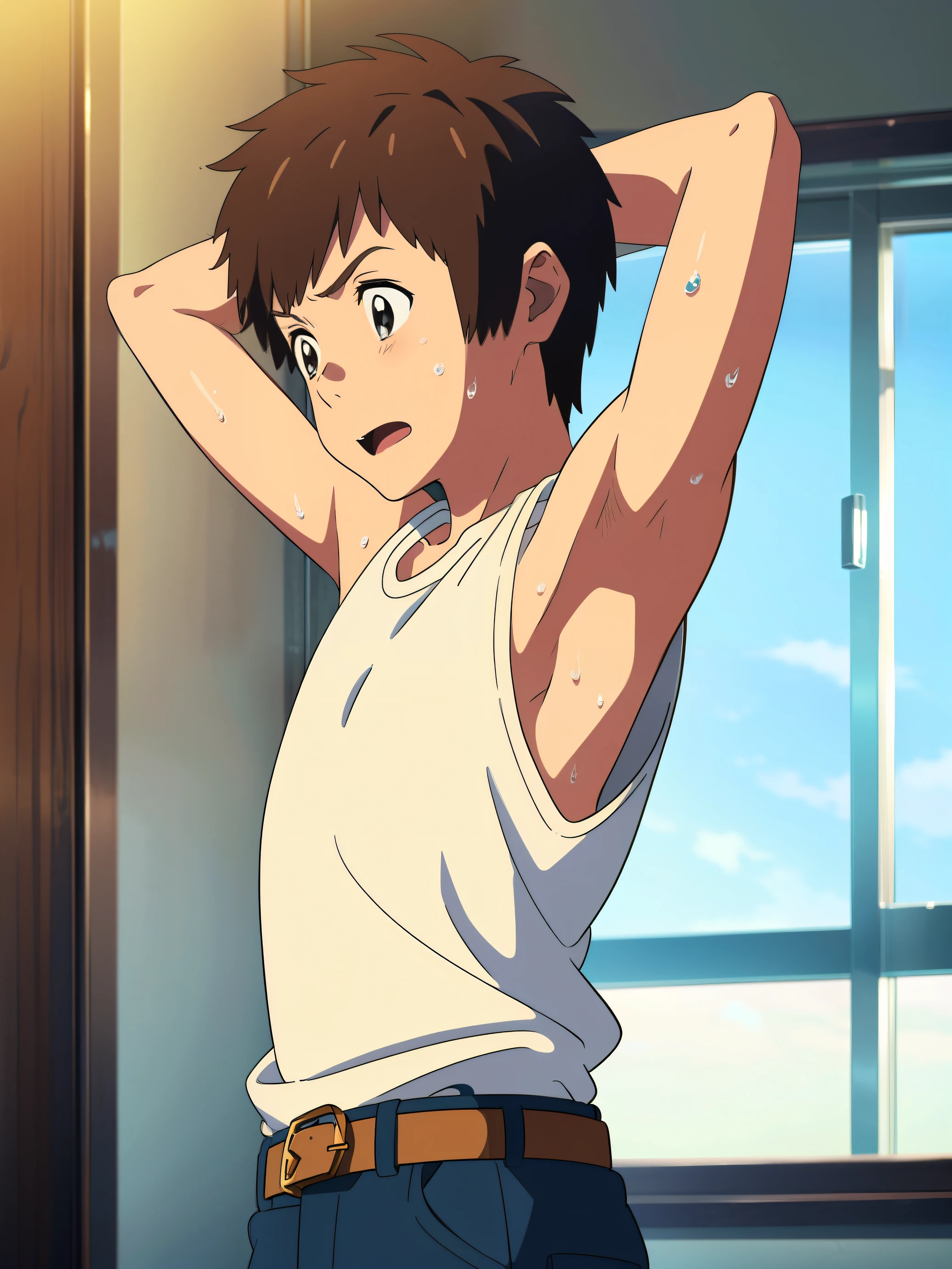 highres,Masterpiece， Best quality at best,Best Quality,hight quality, hight detailed, realistic, , Anime style, 1boy, Little Boy, Shota, indoor, Cheerful boy, Sleeveless shirt,Taki tachibana, Brown hair, Blue eye, Slim body Short body, Body, (Armpit), Belt, Sweat, boy focus