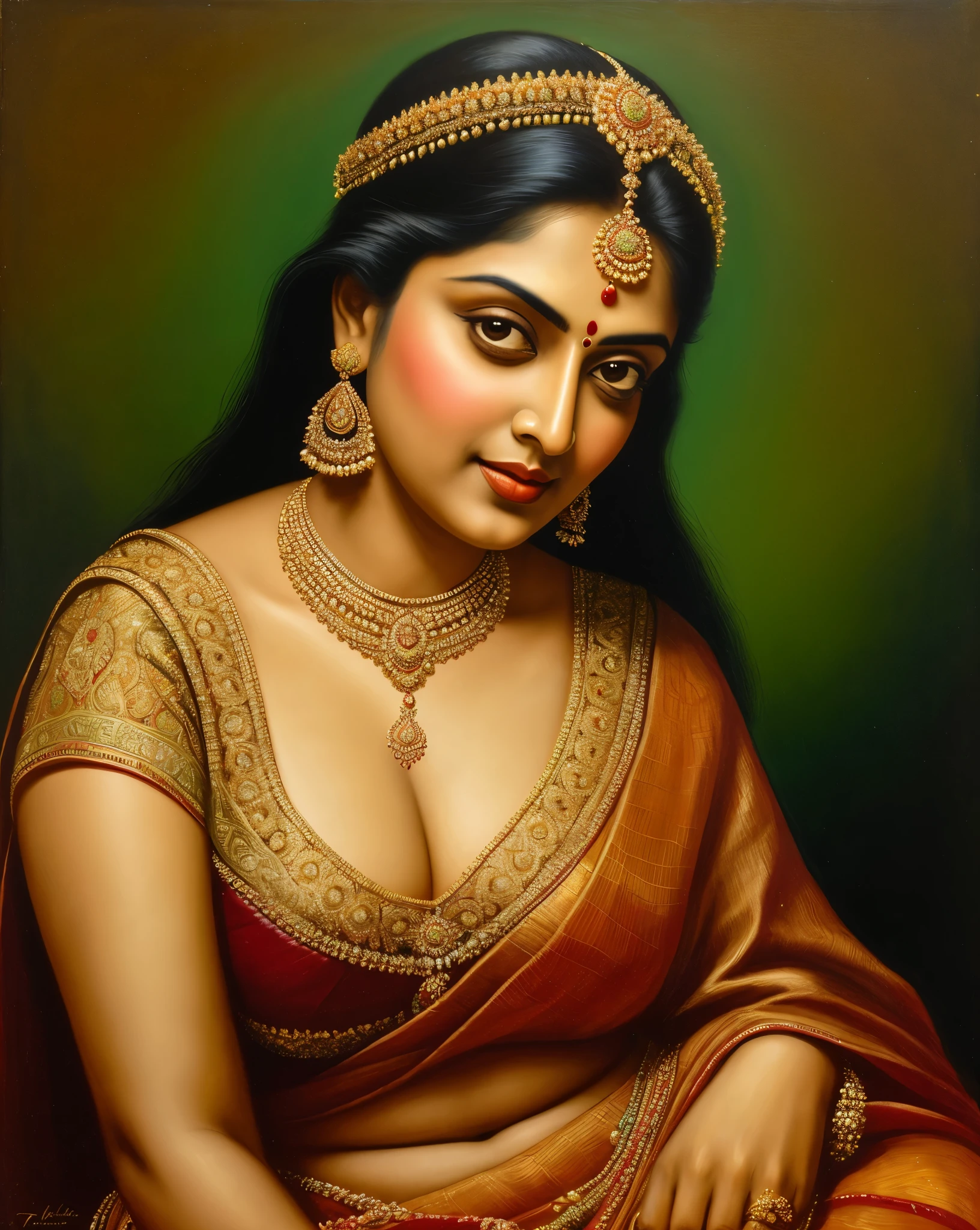 Beautiful painting of a woman in a sari with a necklace and earrings, beautiful thick figure, Thick curvy beauty, looks like Sandeepa Dhar, inspired by Raja Ravi Varma, szukalski ravi varma, portrait of a beautiful goddess, by Raja Ravi Varma, indian goddess, traditional beauty, a stunning portrait of a goddess, inspired by T. K. Padmini, indian art, indian goddess of wealth, portrait of a goddess