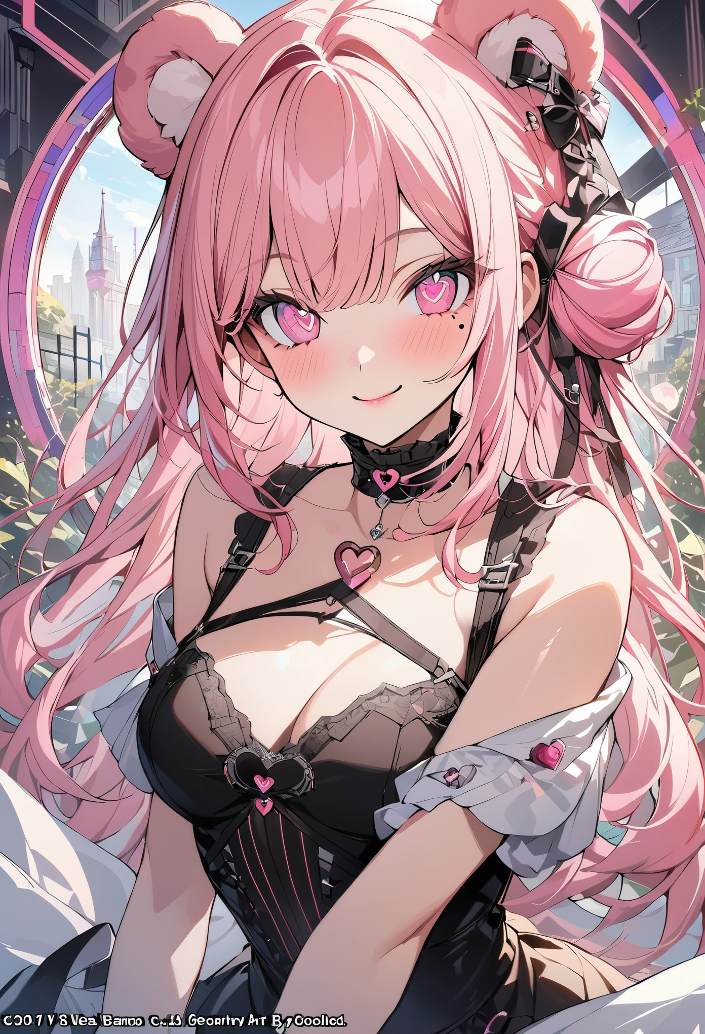1 girl, pink long bun hair, heart shaped eyes,bear ears, {Girl with pink bob hair bun、 The name Nami}, (Pink eye color), {downtown}, (smile), bright background , mole under eye, heart shaped choker, (masterpiece, highest quality), very detailed, highest quality, official art, beautiful and aesthetic: 1.2), (1 girl), very detailed, (geometry art: 1.3), colorful, most detailed ?d1 girl, pink long bun hair, Eye of the symbol, +__+, gothic costume, {A girl with long pink bun hair The name Nami}, (Pink eye color), {downtown}, (smile), bright background, (garden,beautiful flower々),mole under eye, heart shaped choker, (masterpiece, highest quality), official art, beautiful and aesthetic: 1.2), (1 girl), very detailed, (geometry art: 1.3), colorful