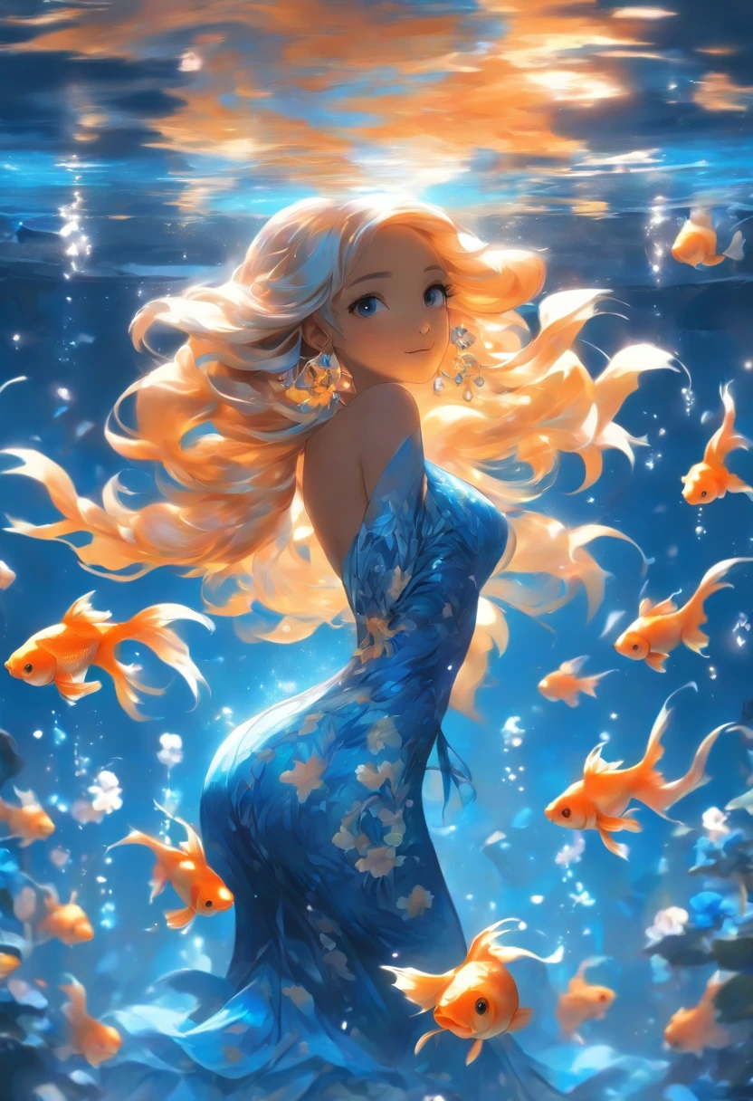 ((Inside a tank with inluminating goldfish)) A girl wearing a gold and white night dress ((full body)) with luminescent smooth strands of blackish blue long spiralling blue twin pony tails on each side of head. blue off shoulder double layered straps around arms around her neck a blue lace. White and blue roses tied to her ears.