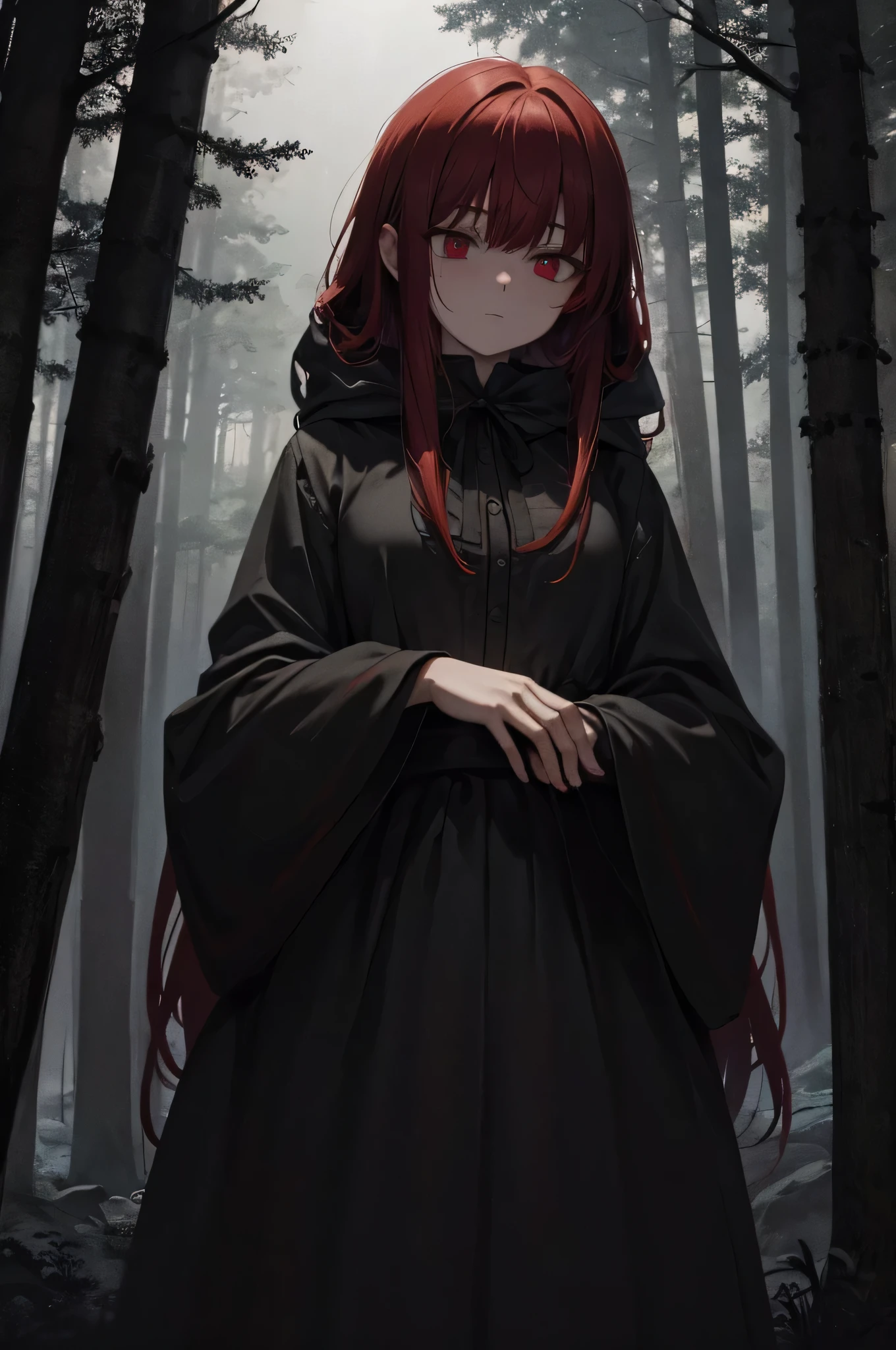 (best quality,4k,8k,highres,masterpiece:1.2),ultra-detailed,extremely detailed eyes,long red hair,hooded girl's shadow in a dark forest at night,only her glowing red eyes and red hair,ominous atmosphere,subtle moonlight filtering through the trees,creepy branches reaching towards her,whispering wind,foreboding silence,lush and sinister vegetation,mysterious fog,spooky atmosphere,haunting presence,enchanted forest,dark and foreboding,red color tones,subtle glowing effects,shadows dancing,ethereal beauty,dramatic lighting,mythical creature,otherworldly aura,hauntingly beautiful,sublime setting,uncanny realism,supernatural elements,vivid colors,surreal ambiance,artistic interpretation,nightmarish dreamscape,gothic style,oneiric atmosphere,lost in the darkness,sense of mystery,unseen danger lurking,unforgettable enchantment