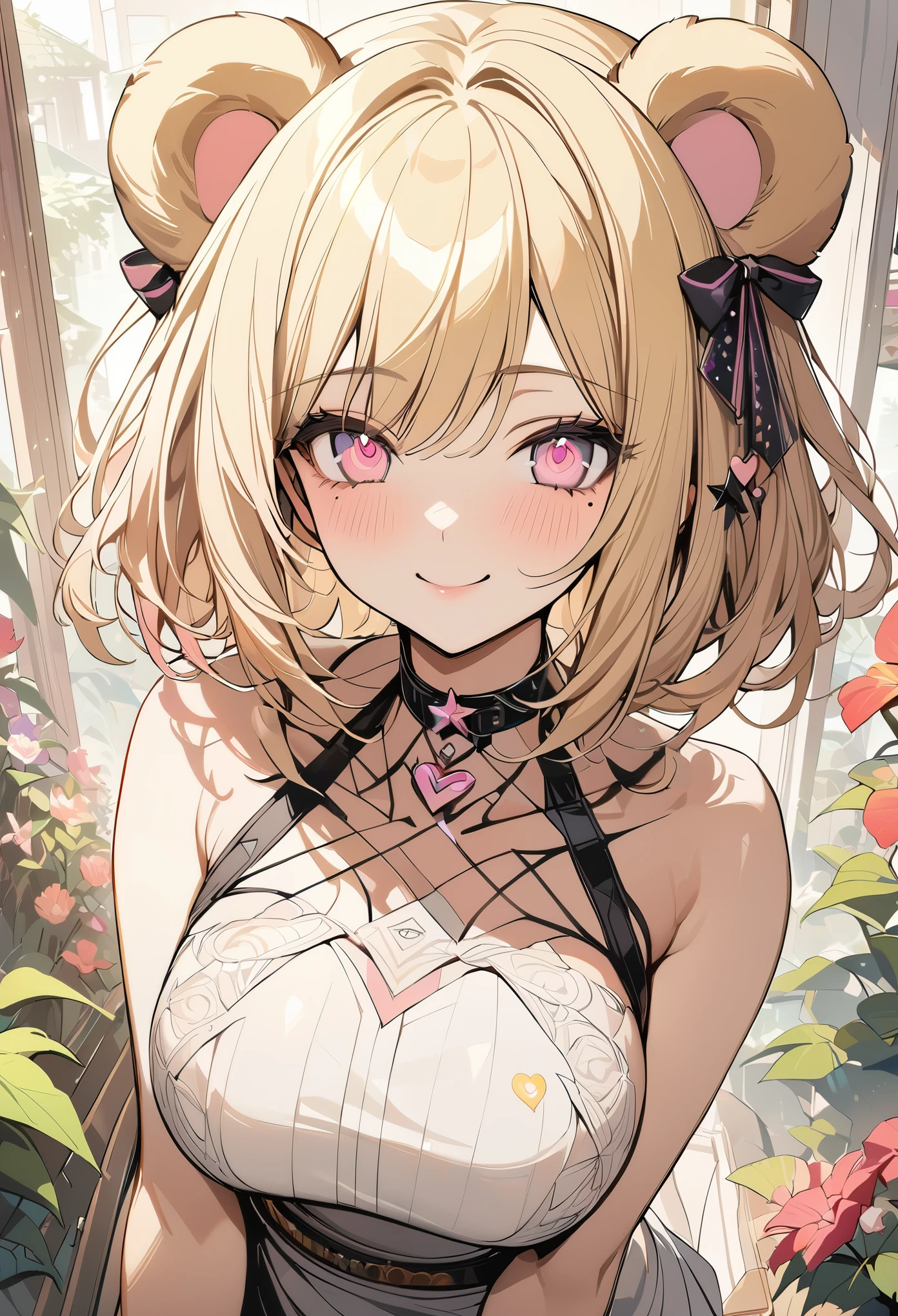 1 girl, blonde bob hair, heart shaped eyes, bear ears,whole body, {girl with blonde bob hair named nao}, (Pink eye color), (smile), bright background , mole under eye, Star-shaped choker, (masterpiece, highest quality), very detailed, highest quality, official art, beautiful and aesthetic: 1.2), (1 girl), very detailed, (geometry art: 1.3), colorful, most detailed ,（garden,beautiful flower々）, (masterpiece, highest quality), official art, beautiful and aesthetic: 1.2), (1 girl), very detailed, (geometry art: 1.3), colorful