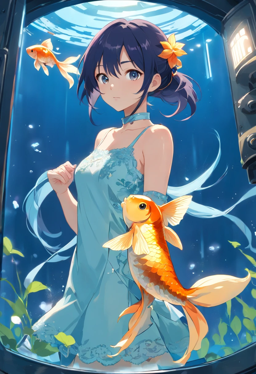 ((Inside a tank with inluminating goldfish)) A girl wearing a gold and white night dress ((full body)) with luminescent smooth strands of blackish blue long spiralling blue twin pony tails on each side of head. blue off shoulder double layered straps around arms around her neck a blue lace. White and blue roses tied to her ears.
