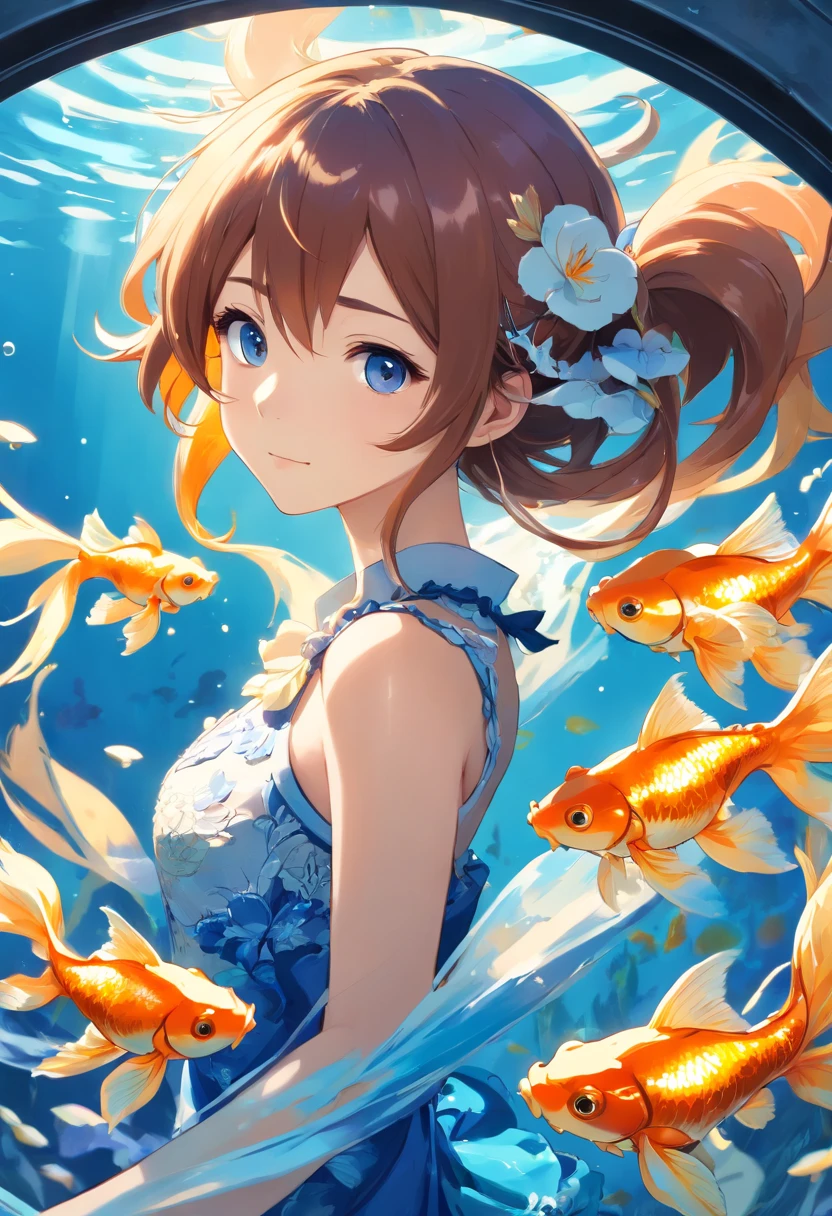 ((Inside a tank with  inluminating goldfish)) A girl wearing a gold and white night dress ((full body)) with luminescent smooth  strands of blackish blue  long spiralling blue twin pony tails on each side of head. blue off shoulder  double layered straps around arms around her neck a blue lace. White and blue roses tied to her ears.