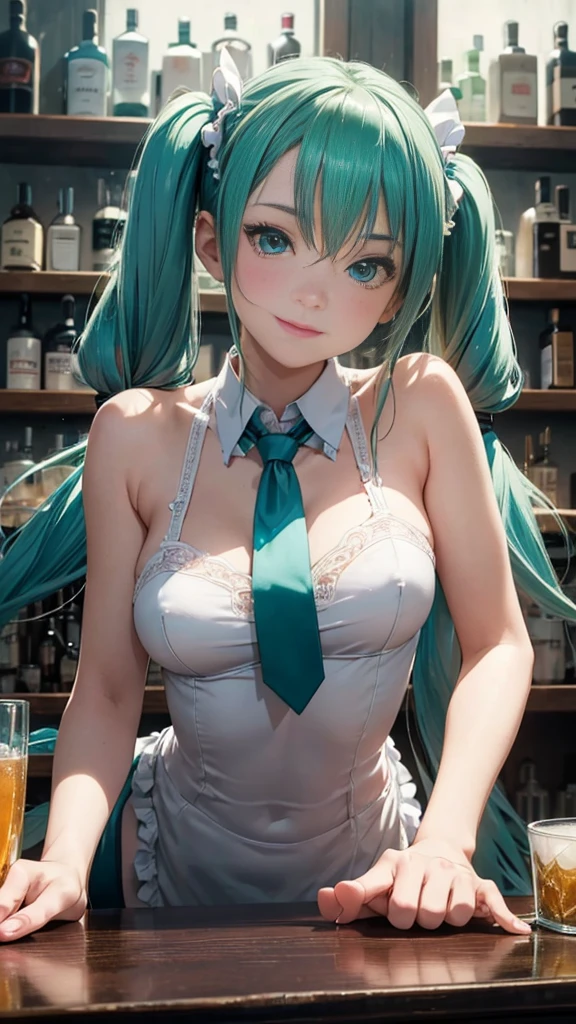 Super detailed, NSFW, masterpiece, High resolution, Photorealistic digital art, perfect lighting, (((1 girl, perfect anatomy))), accurate right hand, accurate left hand, five fingers, perfect style, hatsune miku, 3d face, big light blue-green eyes, glossy lips, blue-green long hair, shiny skin, smile, (((twin tails))), big square hair accessories, (((bartender))),