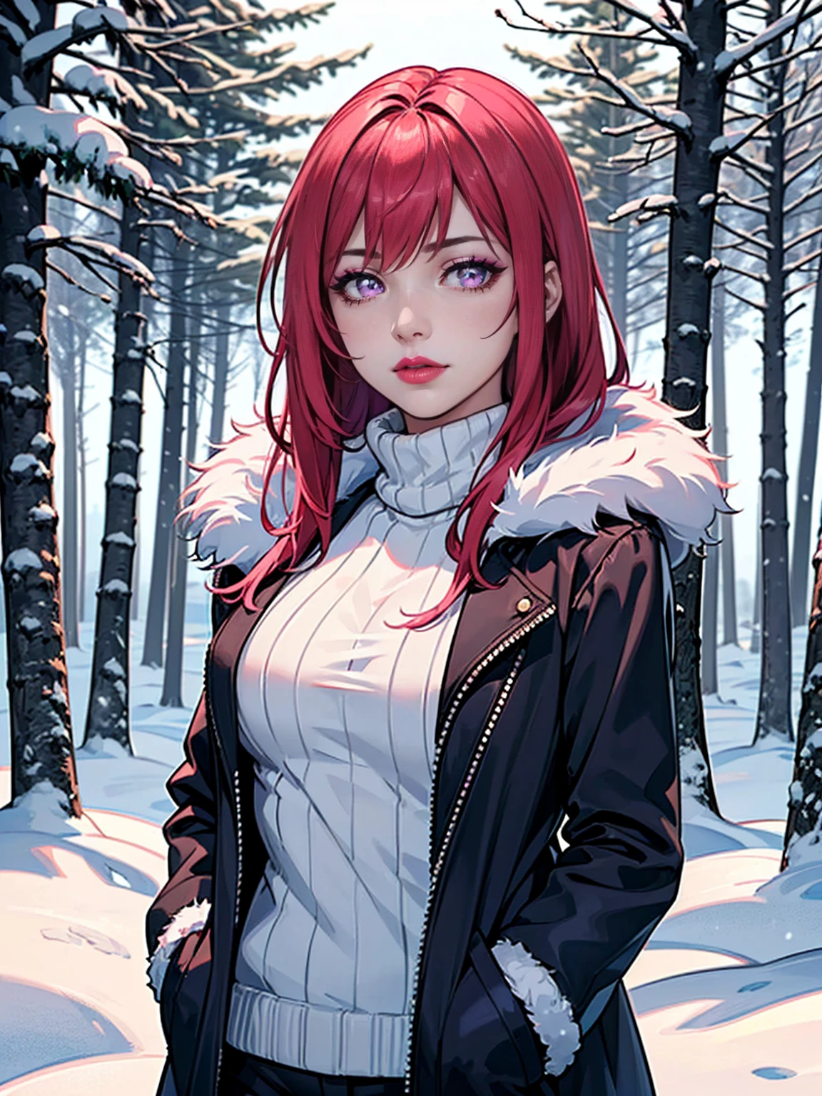 ((solo, 1woman, TakashiroHiroko, dark purple eyes, red hair, pink lipstick, Extremely detailed, ambient soft lighting, 4k, perfect eyes, a perfect face, perfect lighting, a 1girl)), ((solo, (1woman, pink lipstick), Extremely detailed, ambient soft lighting, 4k, perfect eyes, a perfect face, perfect lighting, a 1girl)), ((detailed, long sleeves, jacket, upper body, open clothes, sweater, open jacket, coat, fur trim, turtleneck, fur collar, hand in pocket, open coat, turtleneck sweater, fur-trimmed jacket, winter environment, snow, frozen lake, snowy forest, winter flowers, snowman, enslorado, tundra, boreal forest))