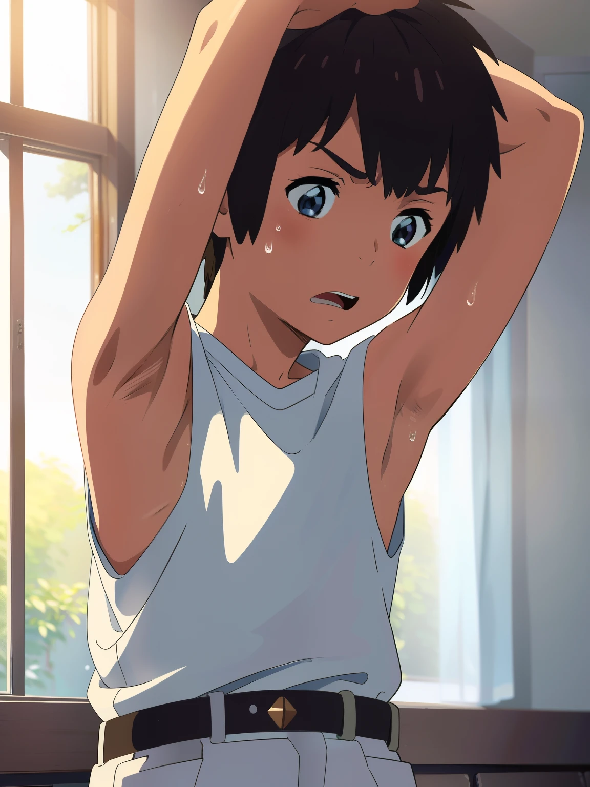 highres,Masterpiece， Best quality at best,Best Quality,hight quality, hight detailed, realistic, , Anime style, 1boy, Little Boy, Shota, indoor, Cheerful boy, Sleeveless shirt,Taki tachibana, Brown hair, Blue eye, Slim body Short body, Body, (Armpit), Belt, Sweat, boy focus