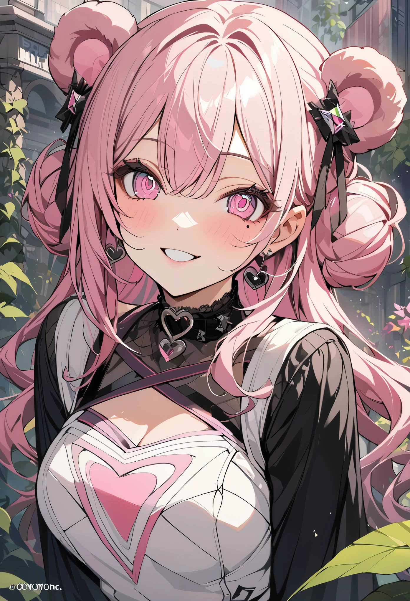 1 girl, pink long bun hair, heart shaped eyes,bear ears, {Pink bob hair bun girl、 The name Nami}, (Pink eye color), {downtown}, (smile), bright background , mole under eye, heart shaped choker, (masterpiece, highest quality), very detailed, highest quality, official art, beautiful and aesthetic: 1.2), (1 girl), very detailed, (geometry art: 1.3), colorful, most detailed ?d1 girl, pink long bun hair, Eye of the symbol, +__+, gothic costume, {A girl with long pink bun hair The name Nami}, (Pink eye color), {downtown}, (smile), bright background, （garden,beautiful flower々）,mole under eye, heart shaped choker, (masterpiece, highest quality), official art, beautiful and aesthetic: 1.2), (1 girl), very detailed, (geometry art: 1.3), colorful