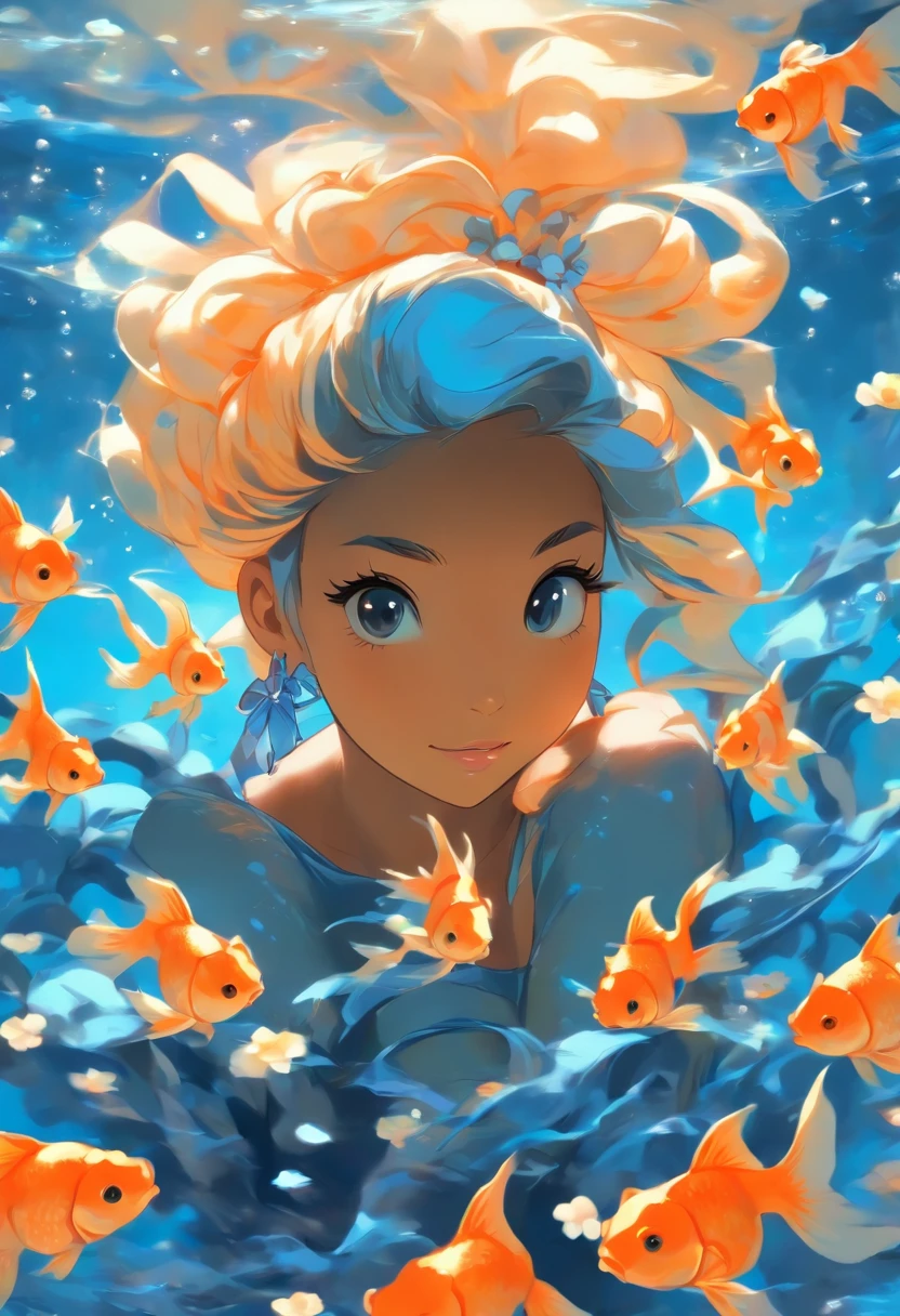 ((Inside a tank with inluminating goldfish)) A girl wearing a gold and white night dress ((full body)) with luminescent smooth strands of blackish blue long spiralling blue twin pony tails on each side of head. blue off shoulder double layered straps around arms around her neck a blue lace. White and blue roses tied to her ears.