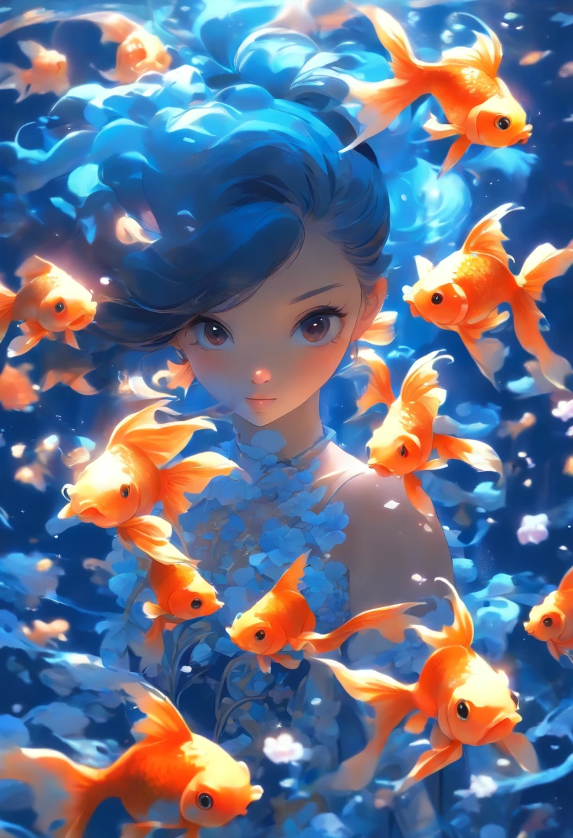 ((Inside a tank with  inluminating goldfish)) A girl wearing a gold and white night dress ((full body)) with luminescent smooth  strands of blackish blue  long spiralling blue twin pony tails on each side of head. blue off shoulder  double layered straps around arms around her neck a blue lace. White and blue roses tied to her ears.