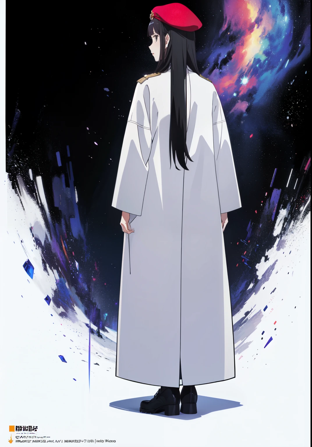 ((anime)), (((young woman))), (masterpiece:1.2), Best quality, A high resolution, unity 8k wallpaper, (illustration:1.2), (very detailed face), (perfect hands), (Ideal Anatomy), (White background), (standing), ((Back to the viewer:1.2)), (full length:1.2), long hair, black hair, (fullness), (gray coat), (dark purple beret)