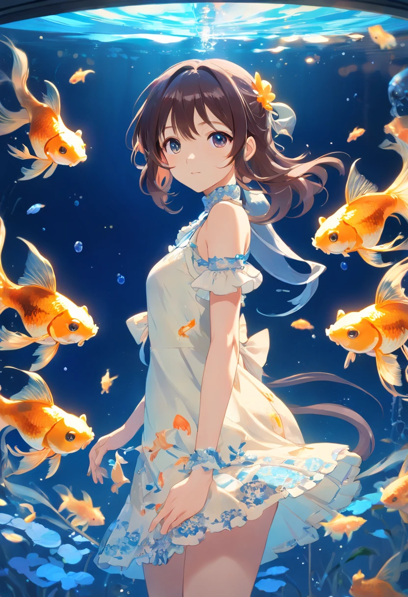 ((Inside a tank with  inluminating goldfish)) A girl wearing a gold and white night dress ((full body)) with luminescent smooth  strands of blackish blue  long spiralling blue twin pony tails on each side of head. blue off shoulder  double layered straps around arms around her neck a blue lace. White and blue roses tied to her ears.