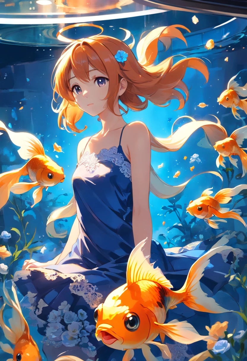 ((Inside a tank with inluminating goldfish)) A girl wearing a gold and white night dress ((full body)) with luminescent smooth strands of blackish blue long spiralling blue twin pony tails on each side of head. blue off shoulder double layered straps around arms around her neck a blue lace. White and blue roses tied to her ears.