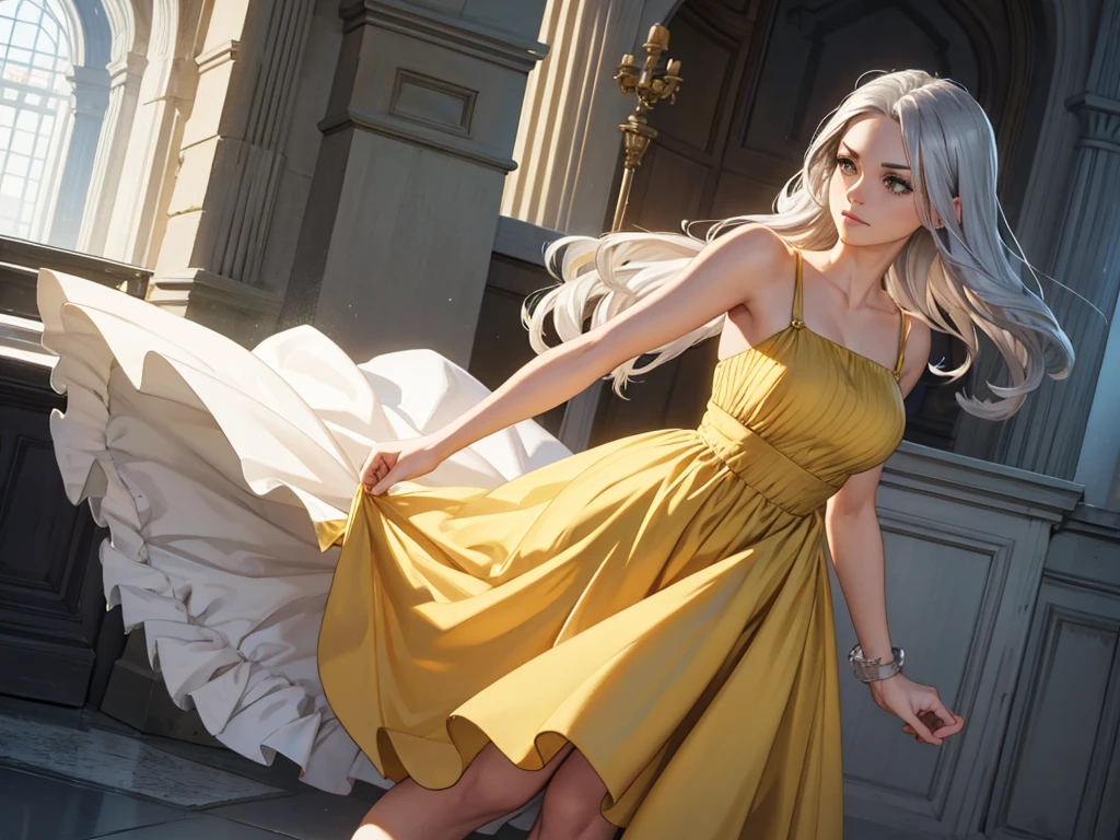 Silver haired woman in dress, 1woman, solo, yellow sundress, photorealistic, realism, realistic, human, lifting dress